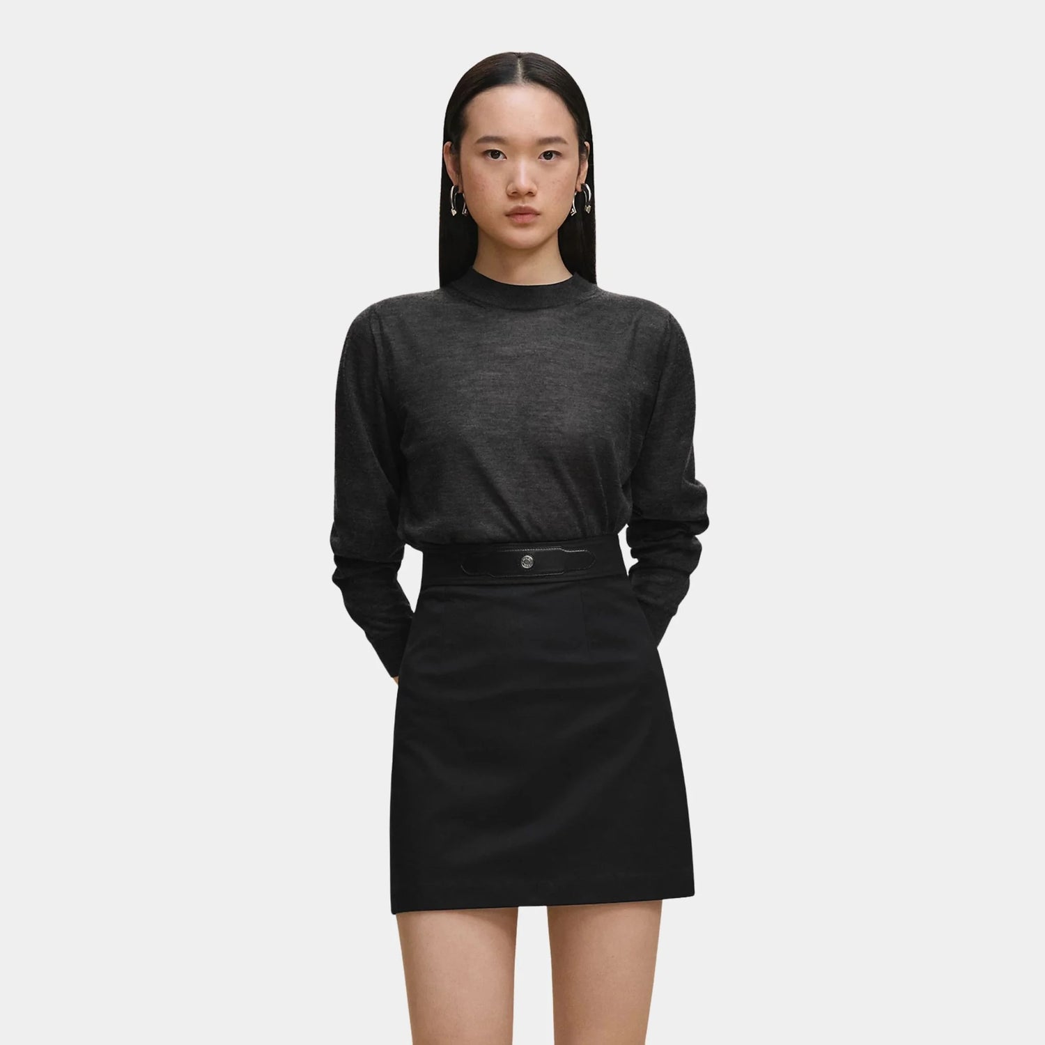 Hermes Skirt in Double Stretch Cotton Twill, Noir, Front