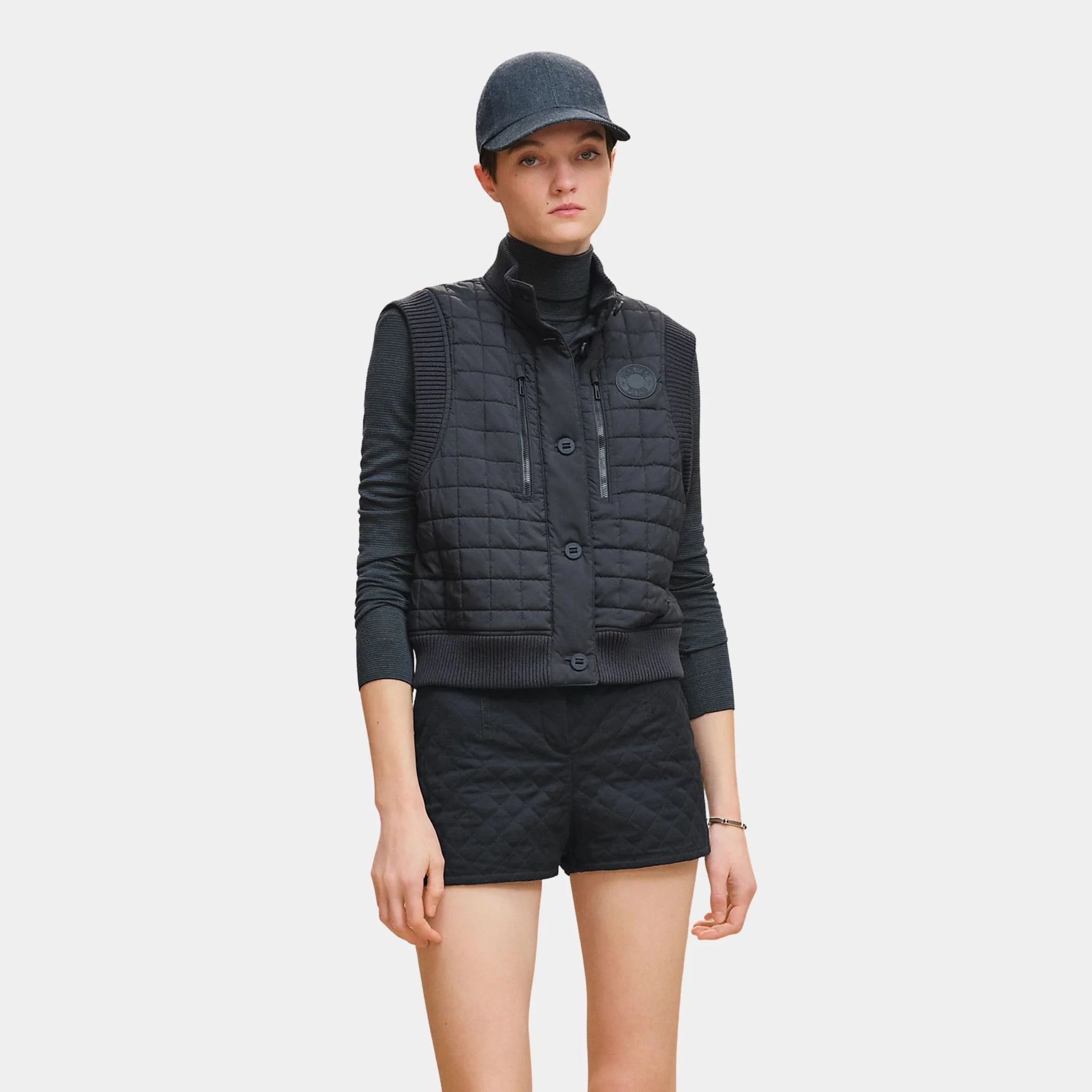 Hermes Sleeveless Quilted Bomber Jacket, Bleu Noir, Front