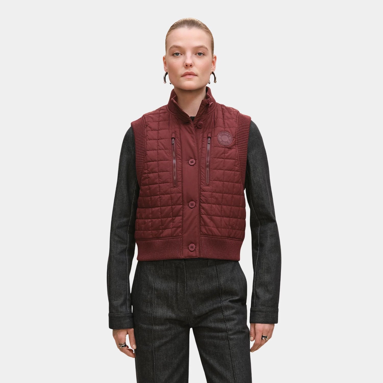 Hermes Sleeveless Quilted Bomber Jacket, Red H, Front