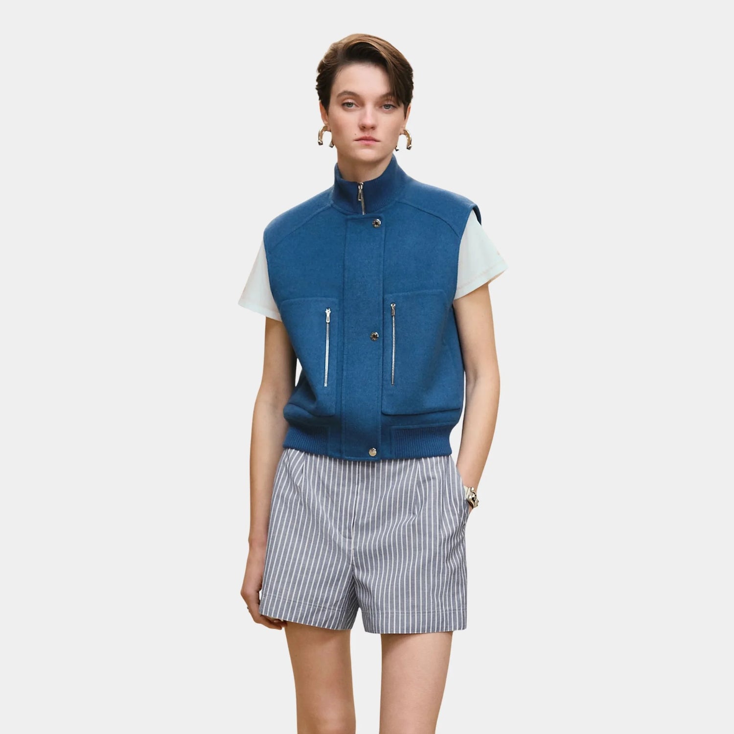 Hermes Sleeveless Short Bomber Jacket in Double-sided Cashmere, Bleu Payne, Front
