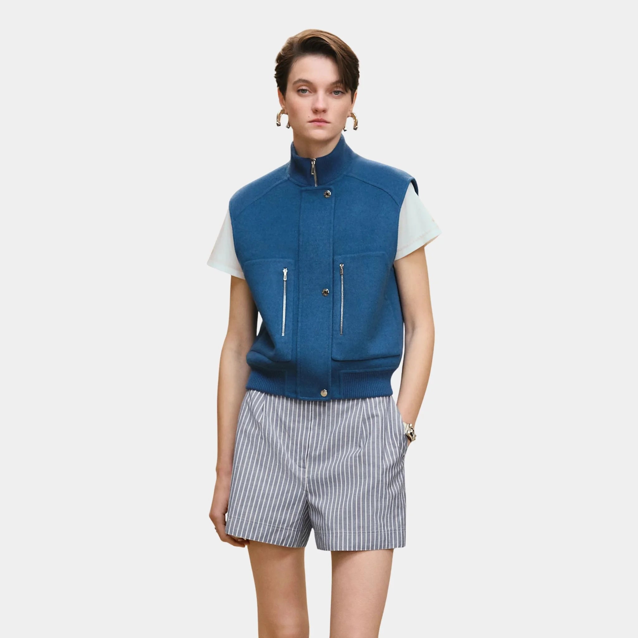 Hermes Sleeveless Short Bomber Jacket in Double-sided Cashmere, Bleu Payne, Front