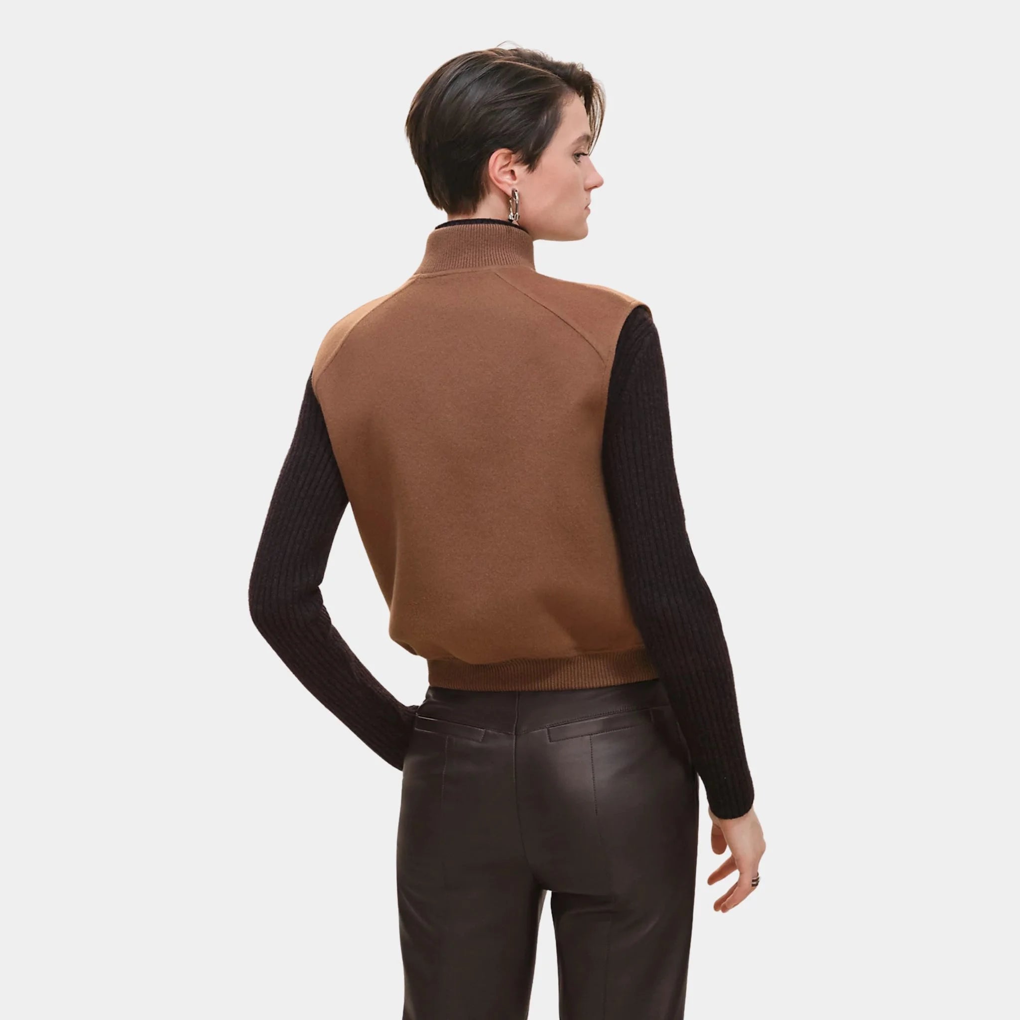 Hermes Sleeveless Short Bomber Jacket in Double-sided Cashmere, Marron Chene, Back