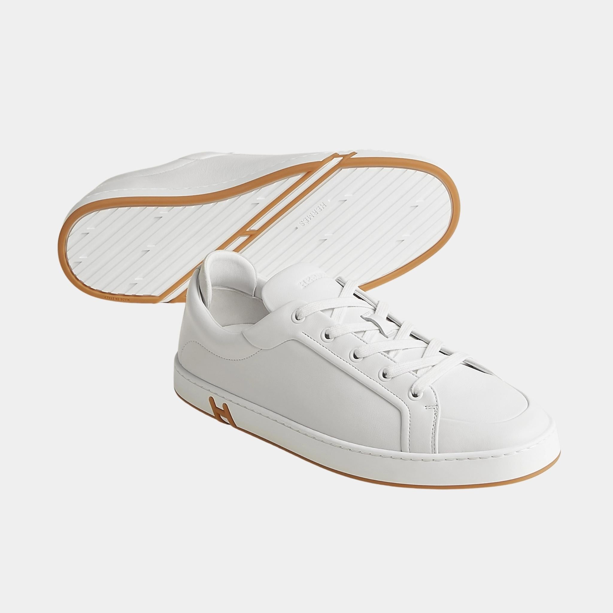 Hermes Sneakers Kid Calfskin and Suede Goatskin, White Honey, Front