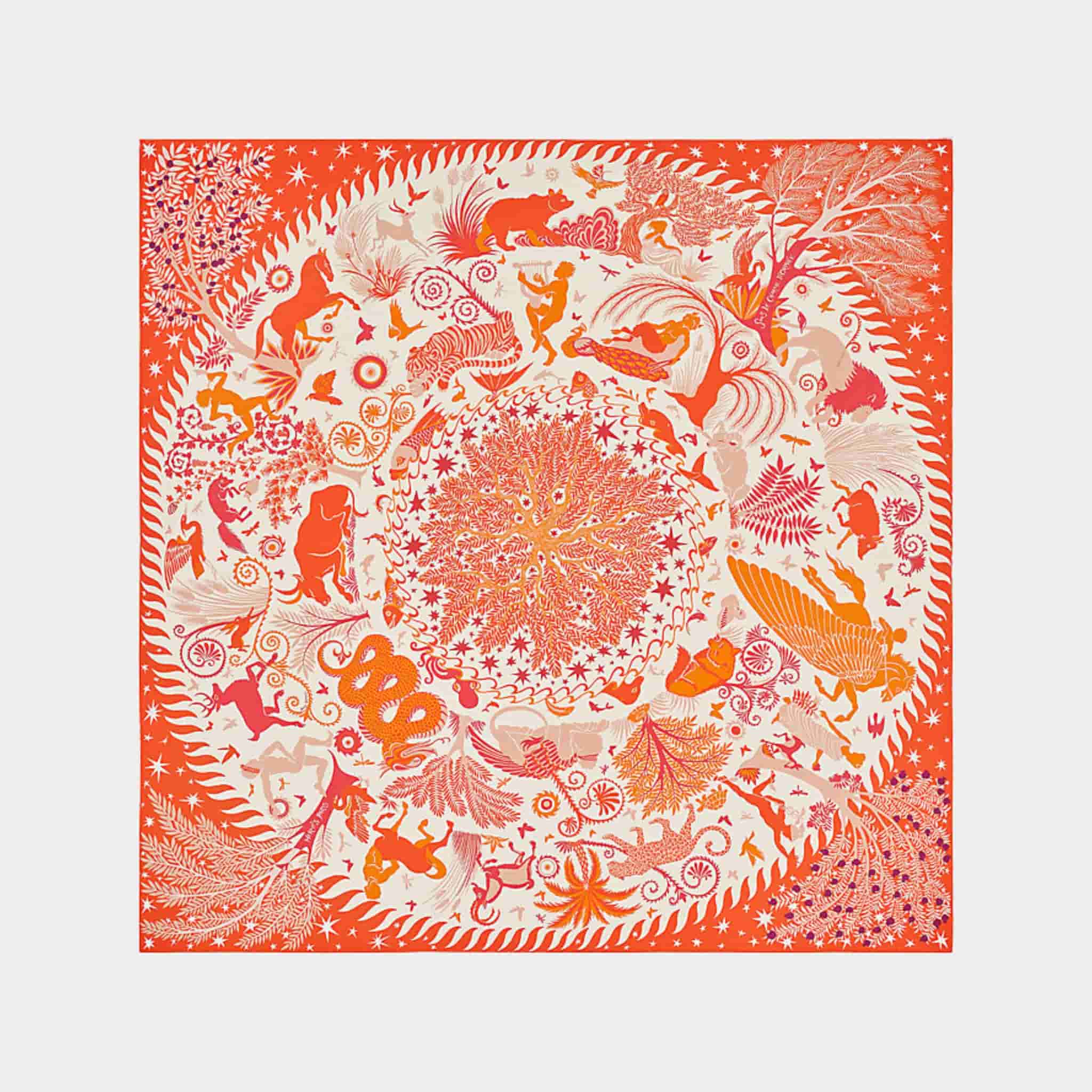 Hermes Sous le Charme d Orphee Double Face Scarf 90, Orange, Front