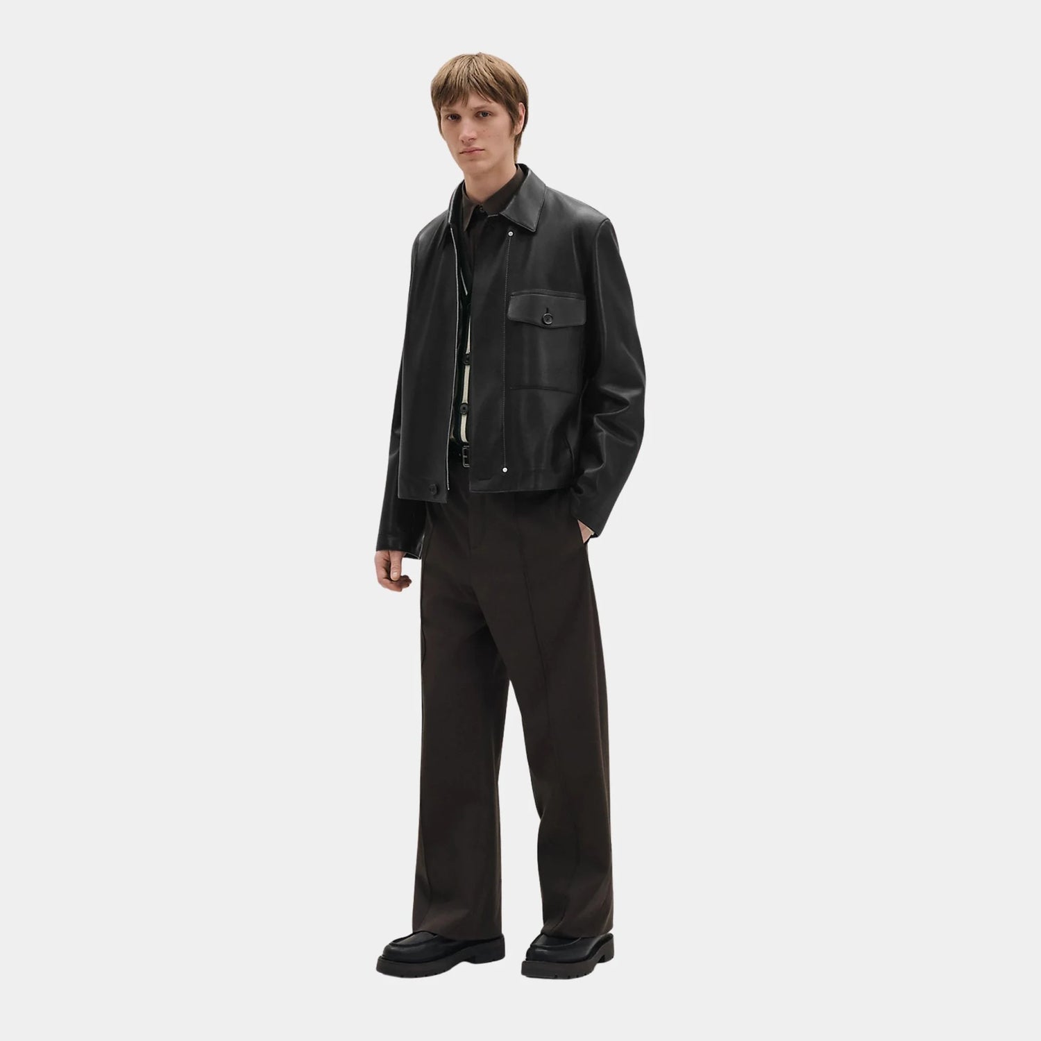 Hermes Straight Zipped Jacket in Calfskin, Noir, Front