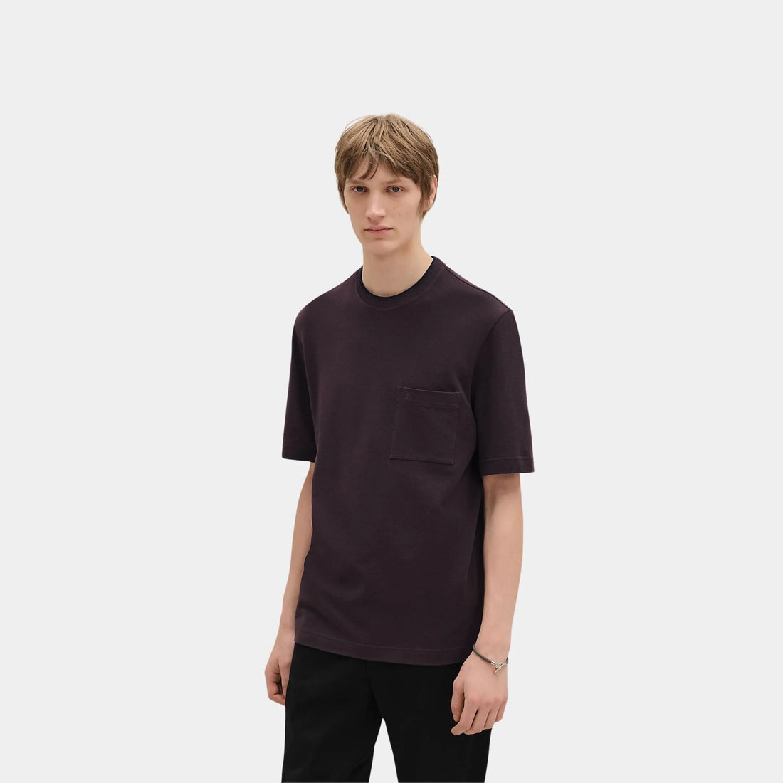 Hermes Piqures Sellier Crewneck T-shirt in Cotton, Prunoir, Front