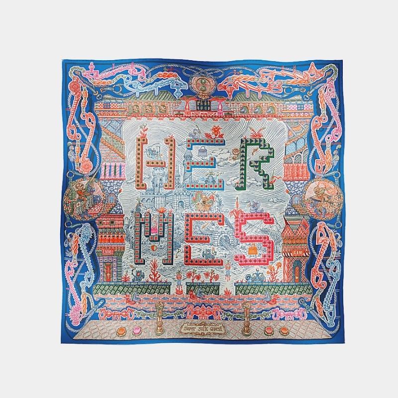 Hermes Super Silk Quest Scarf 90, Blue, Pink, Coral