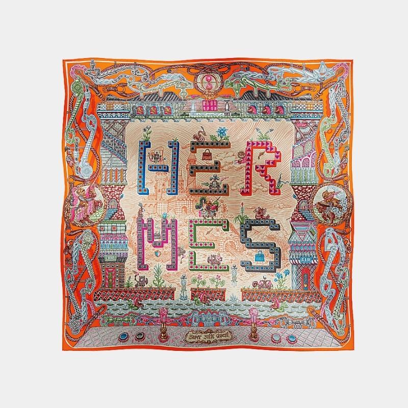Hermes Super Silk Quest Scarf 90, Orange, Burgundy, Turquoise