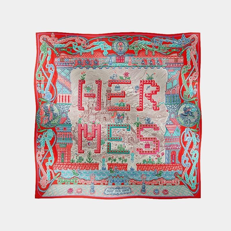Hermes Super Silk Quest Scarf 90, Red, Green, Teal