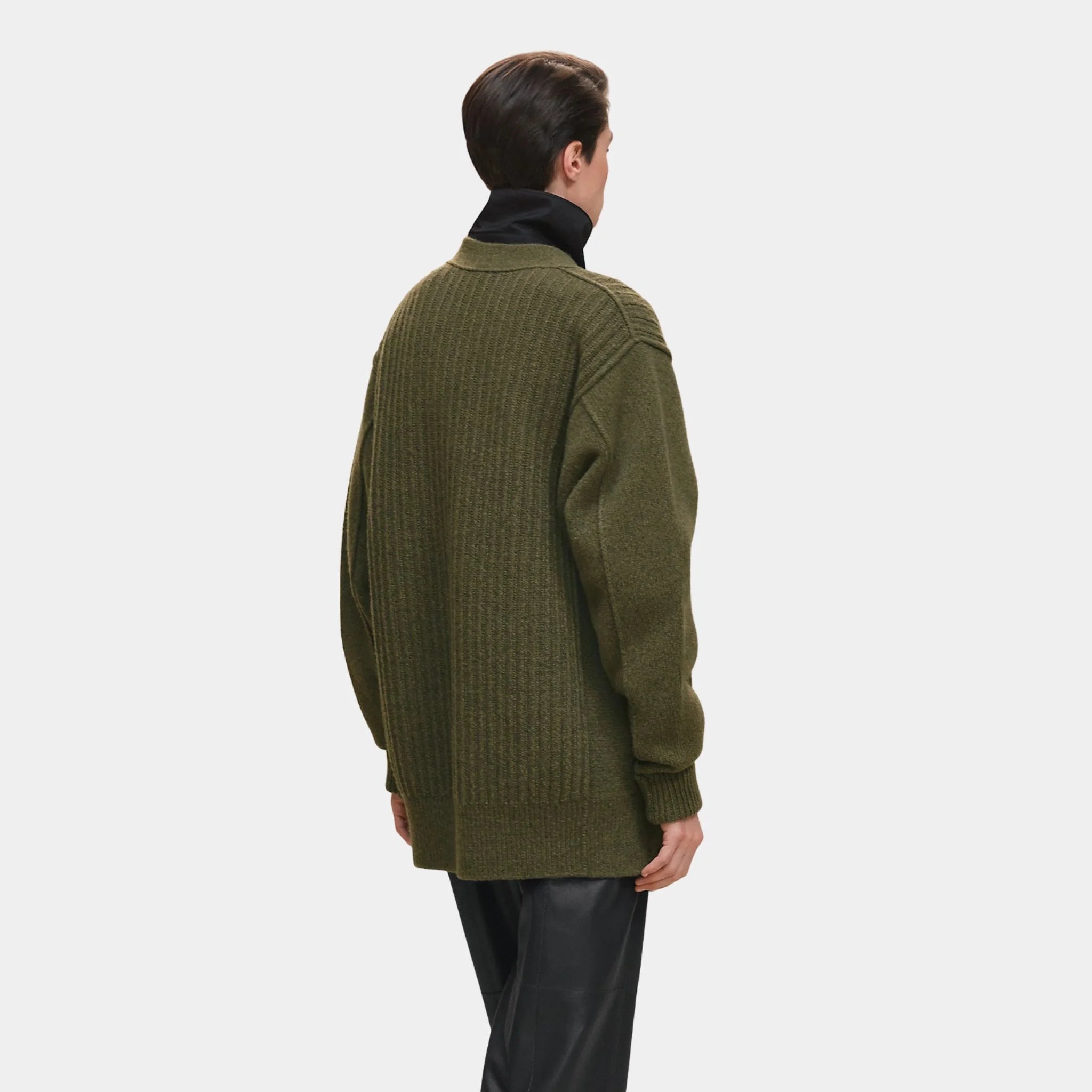 Hermes Thick Long-sleeved Cardigan in Scottish Wool, Khaki, Back