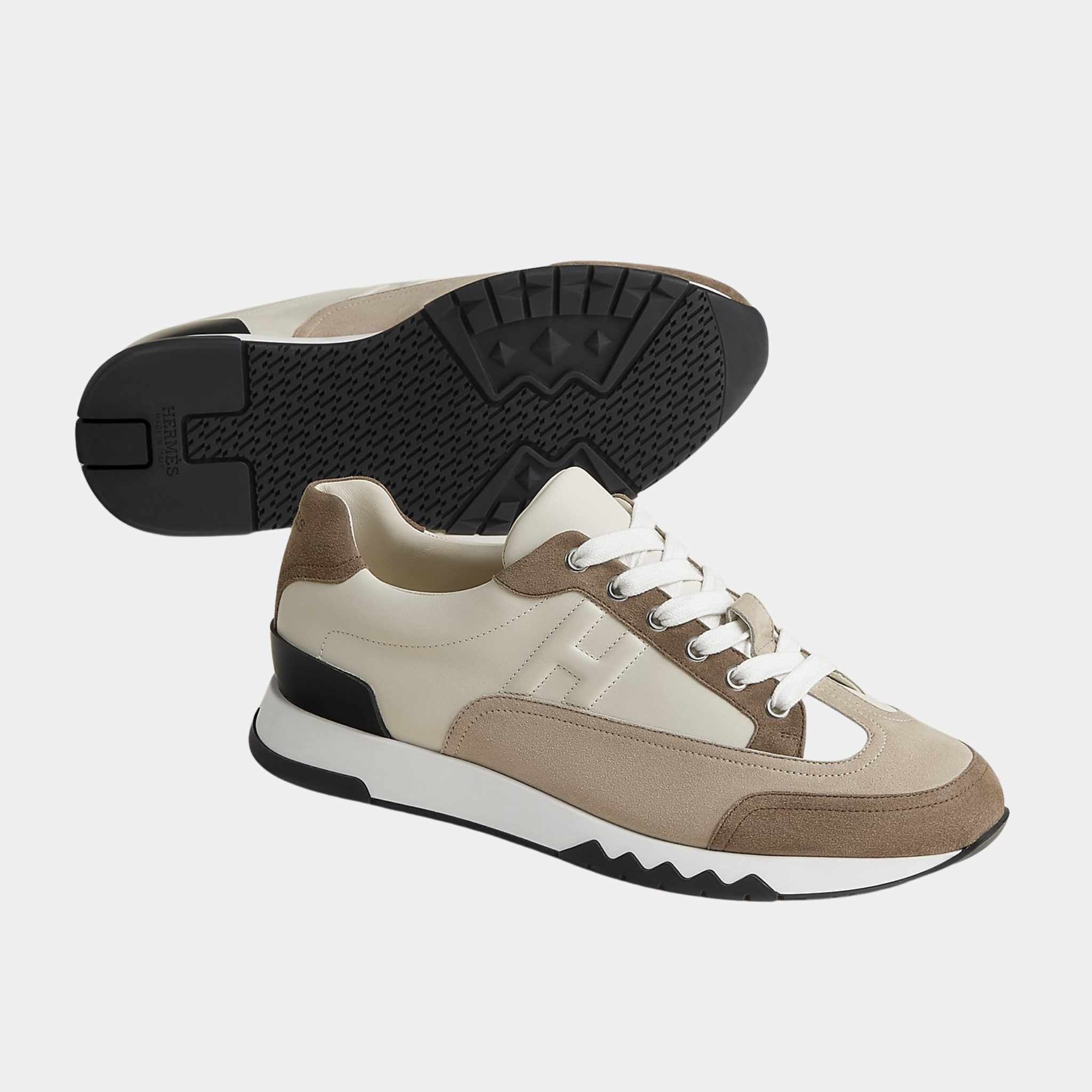Hermes Trail Sneaker Calfskin and Suede Goatskin, Beige Galet, Front