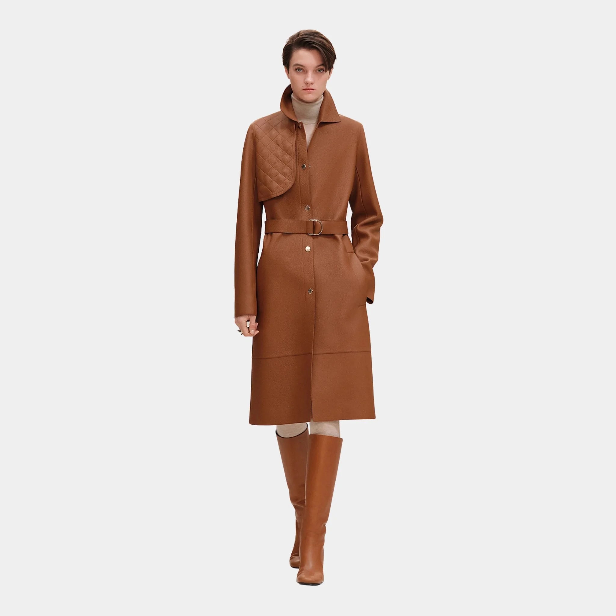 Hermes Trench Coat in Washed Deer, Marron Fauve, Front