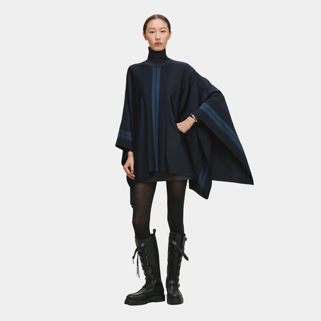 Hermes Two-tone Poncho, Bleu Noir, Front