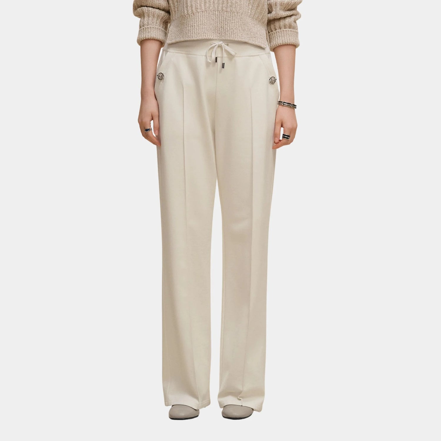 Hermes Wide-legged Pants in Plain Fleece, Blanc Casse, Front