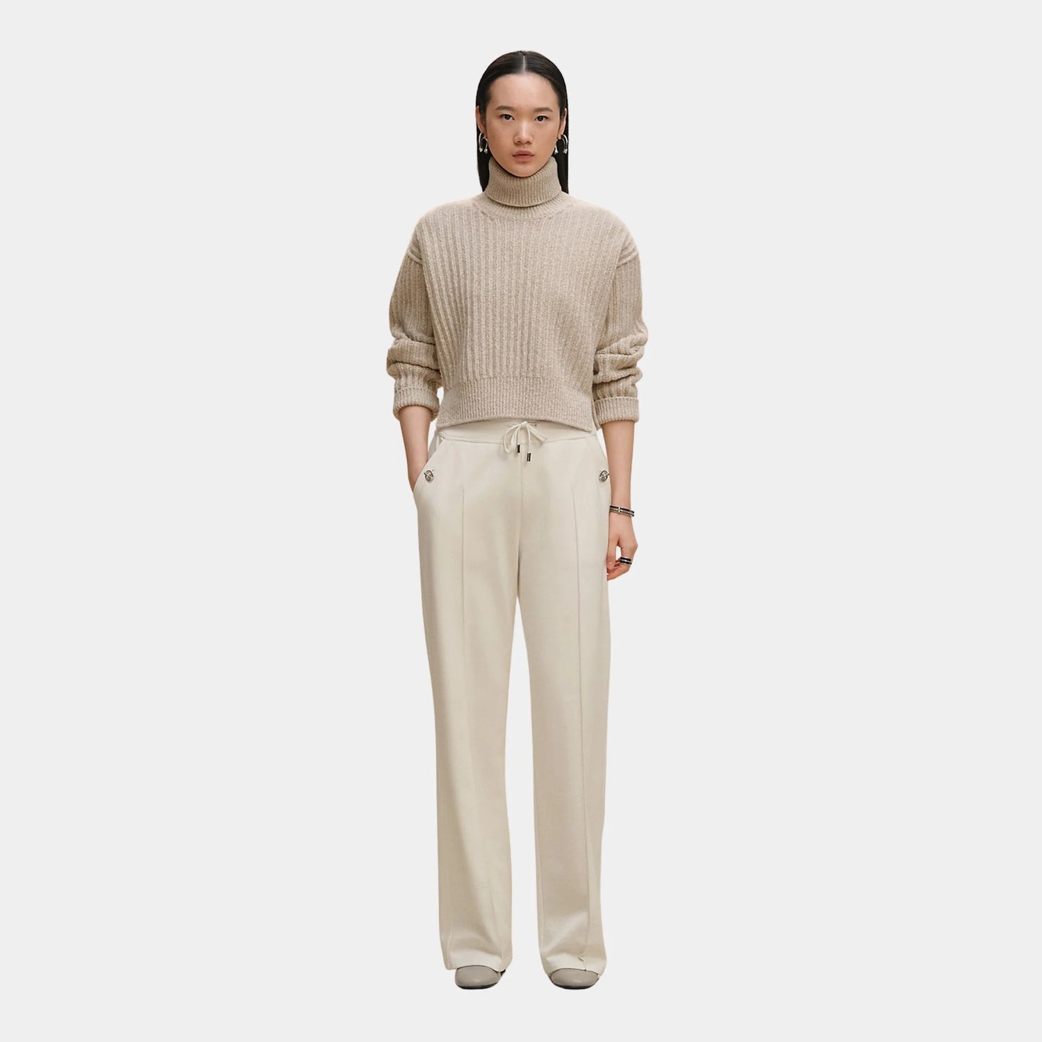 Hermes Wide-legged Pants in Plain Fleece, Blanc Casse, Model, Front