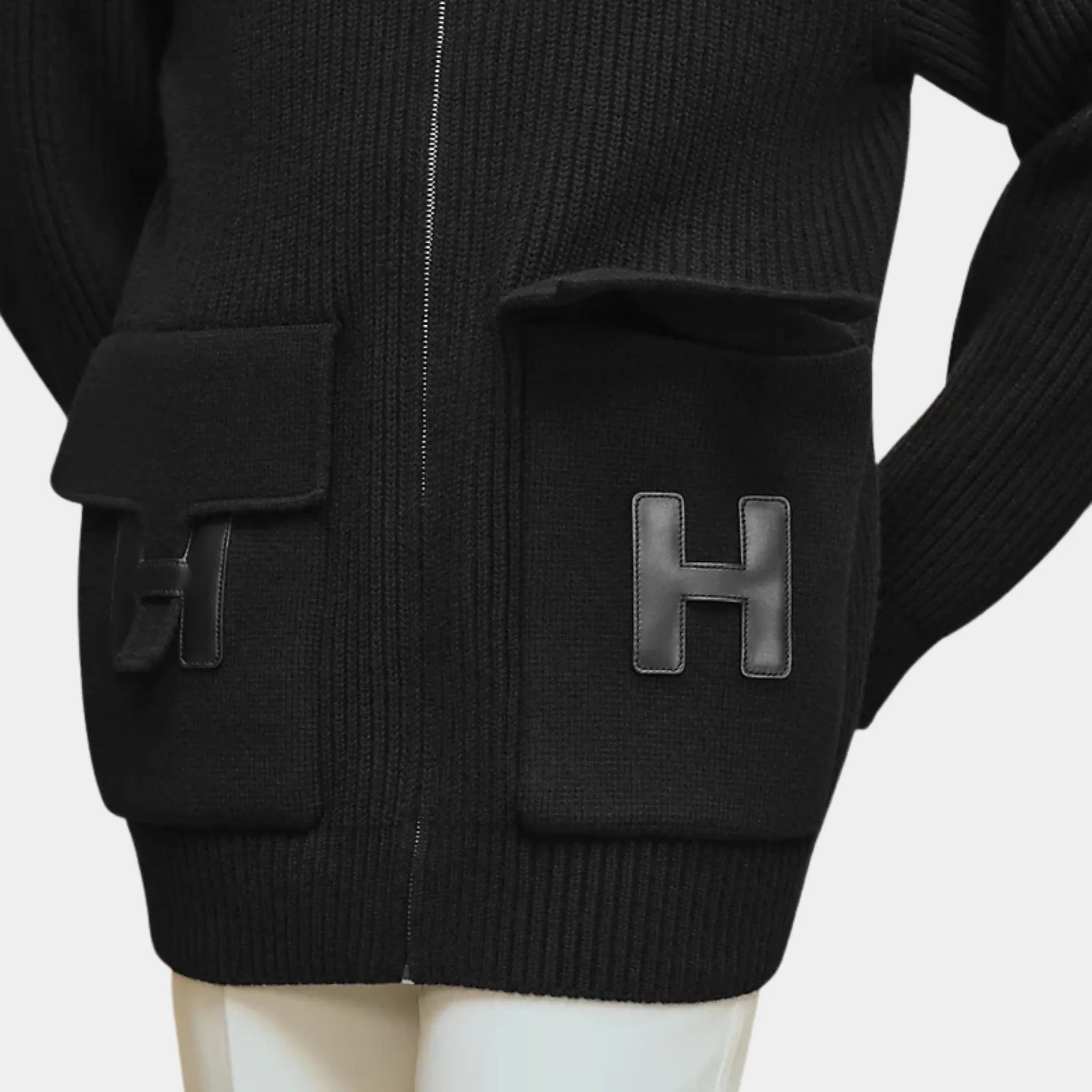 Hermes Wool Knit Jacket, Black, Model Closeup