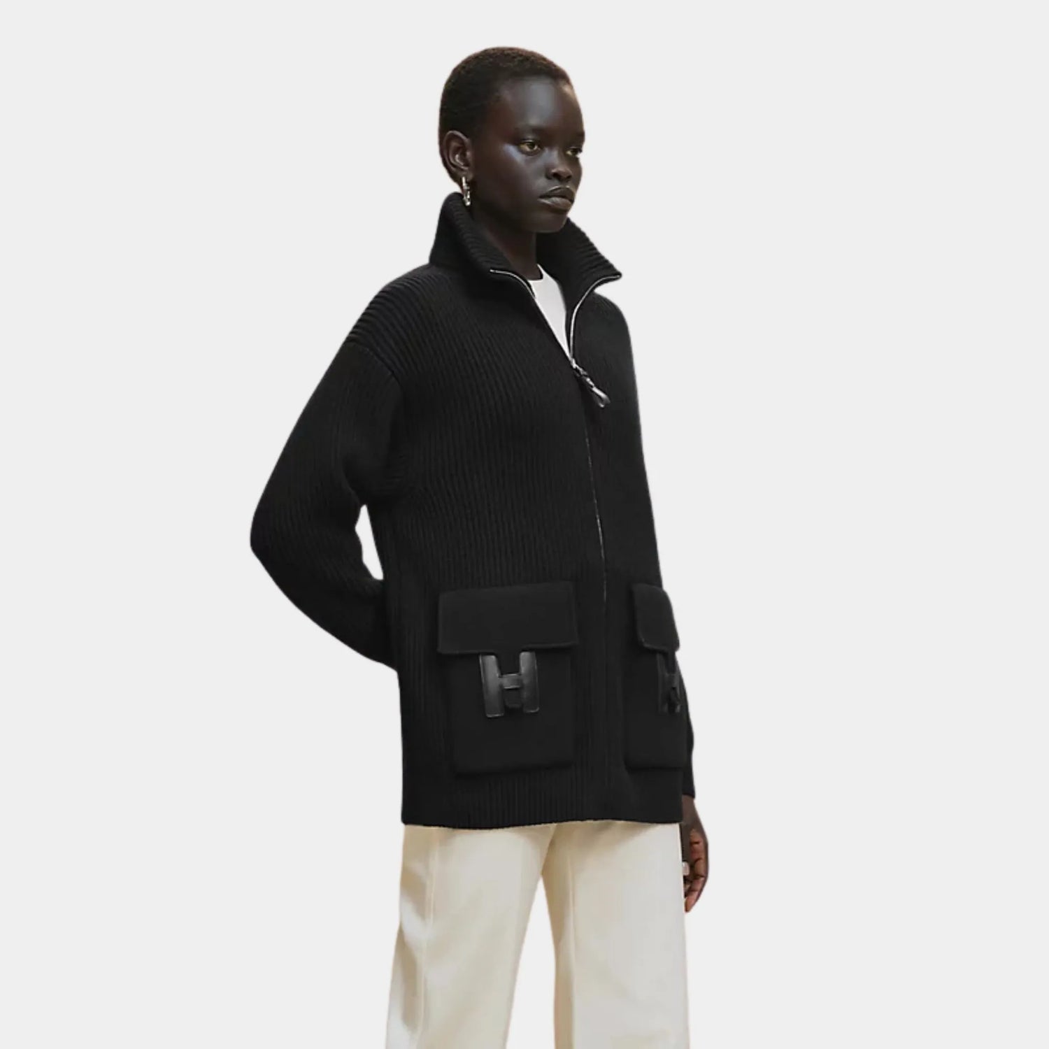 Hermes Wool Knit Jacket, Black, Model Front