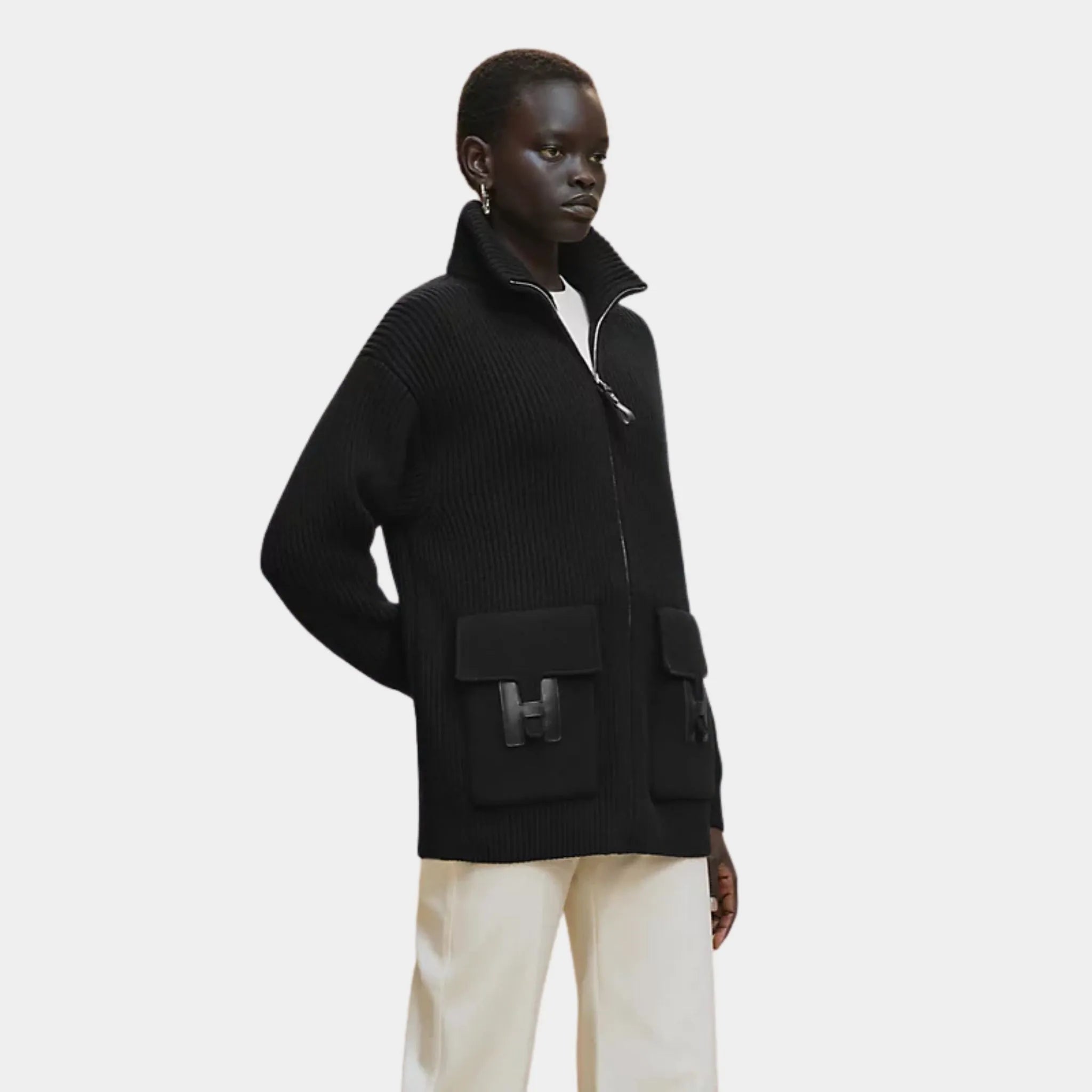 Hermes Wool Knit Jacket, Black, Model Front