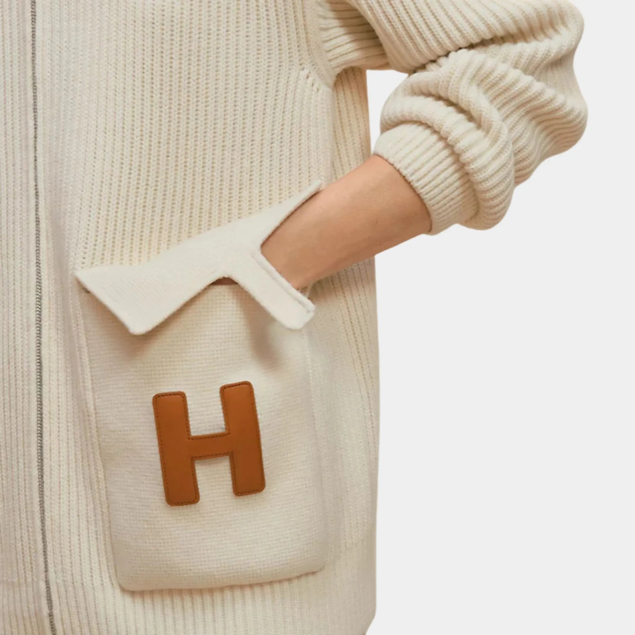 Hermes Wool Knit Jacket, Blanc natural, Model Front