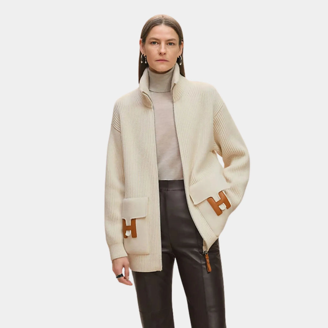 Hermes Wool Knit Jacket, Blanc natural, Model Front