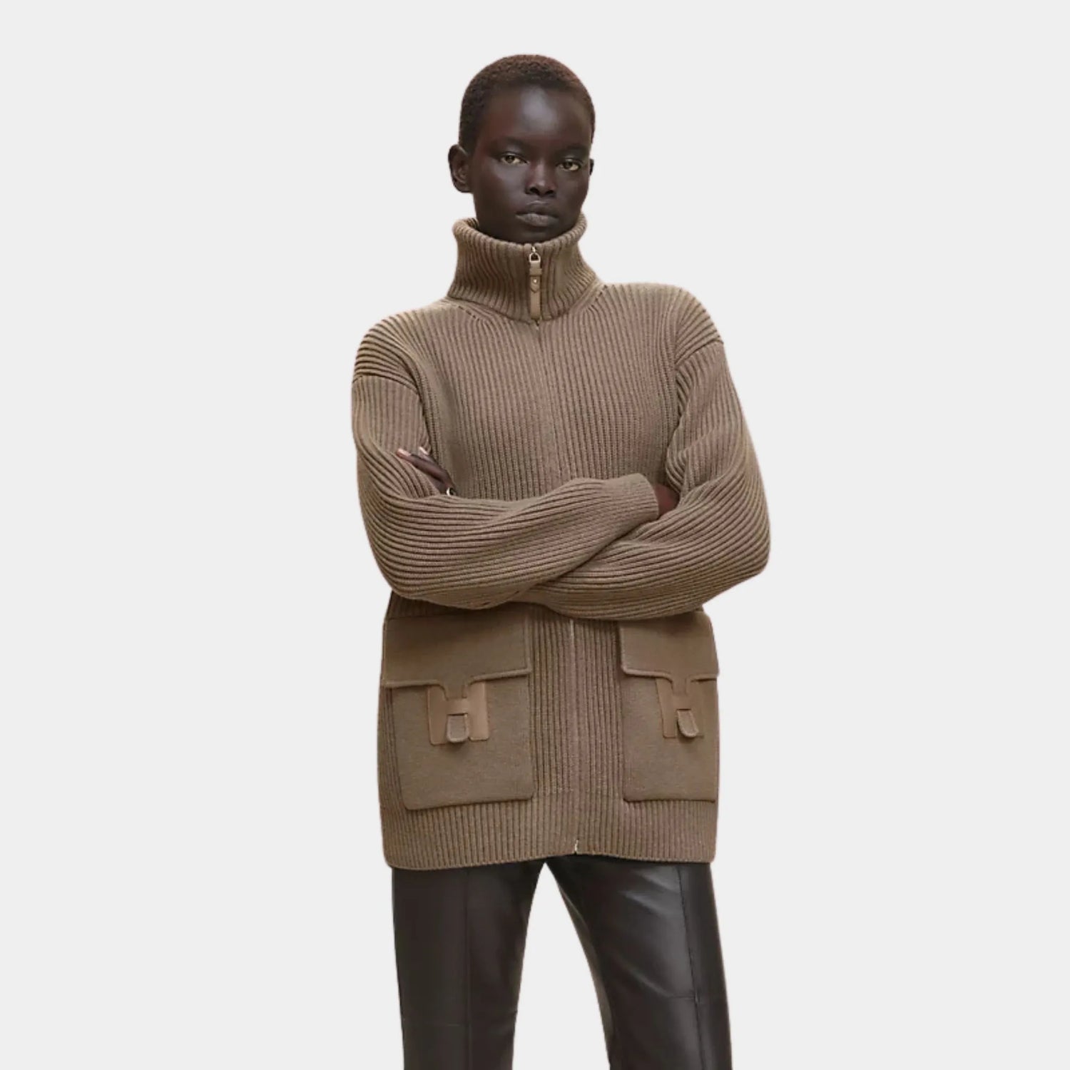 Hermes Wool Knit Jacket, Gris, Etoupe, Model Front