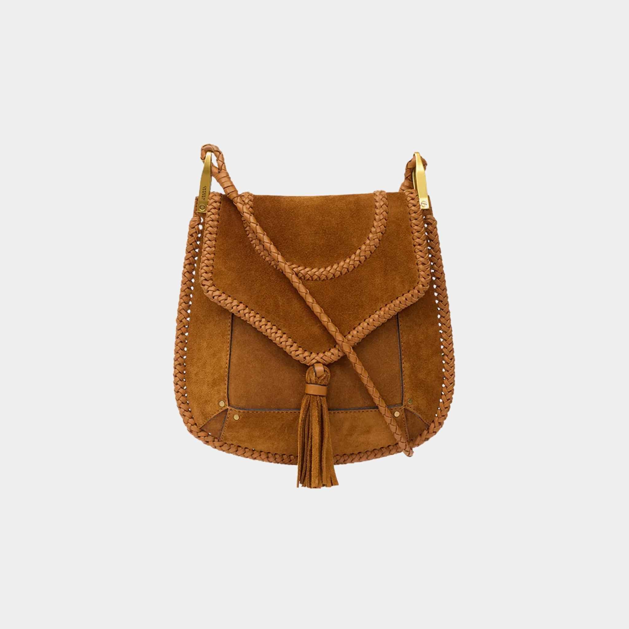Isabel Marant Anahi Braided Suede Leather Shoulder Bag, Cognac, Front
