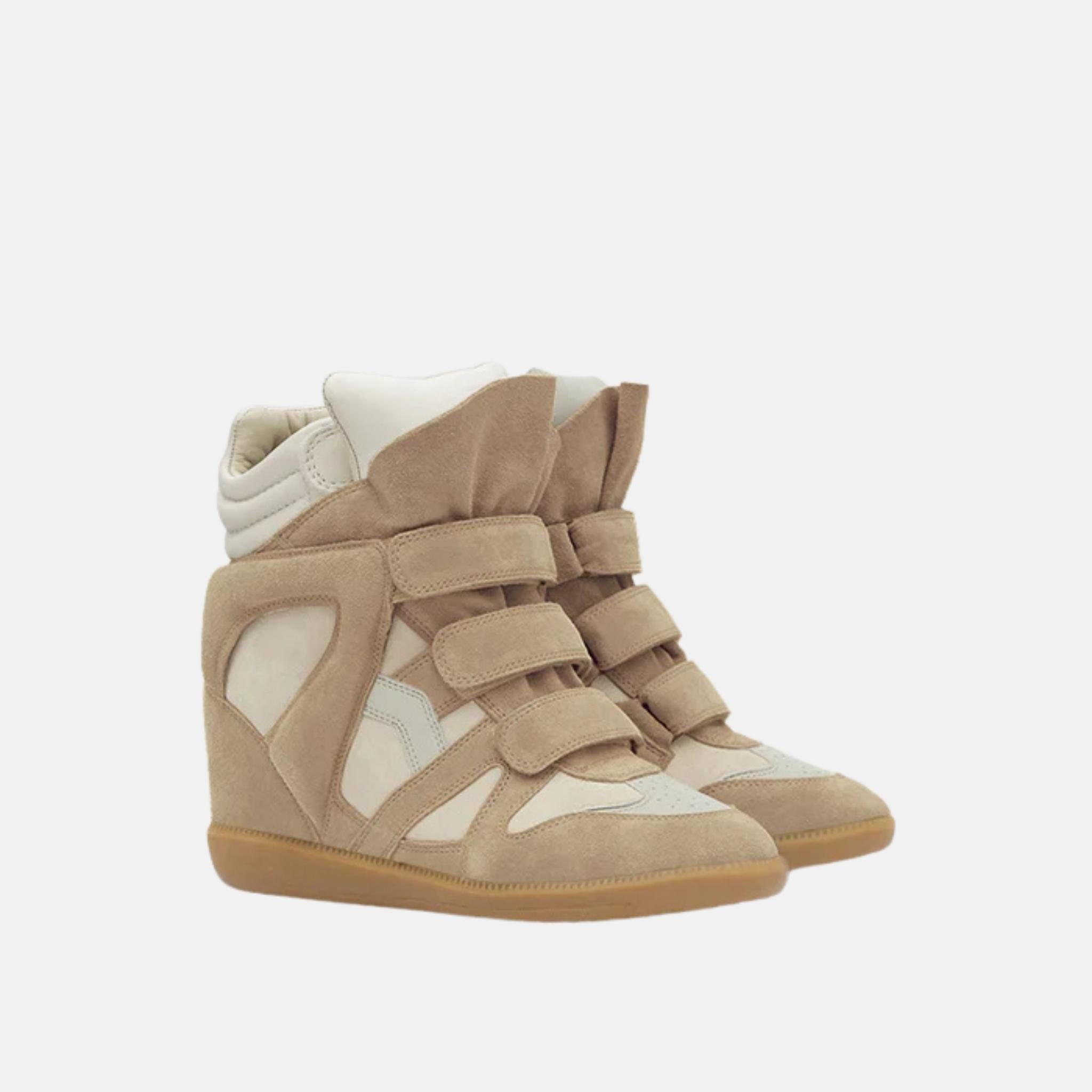 Isabel Marant Bekett Wedge Sneakers In Suede Calfskin Leather, Beige, Front
