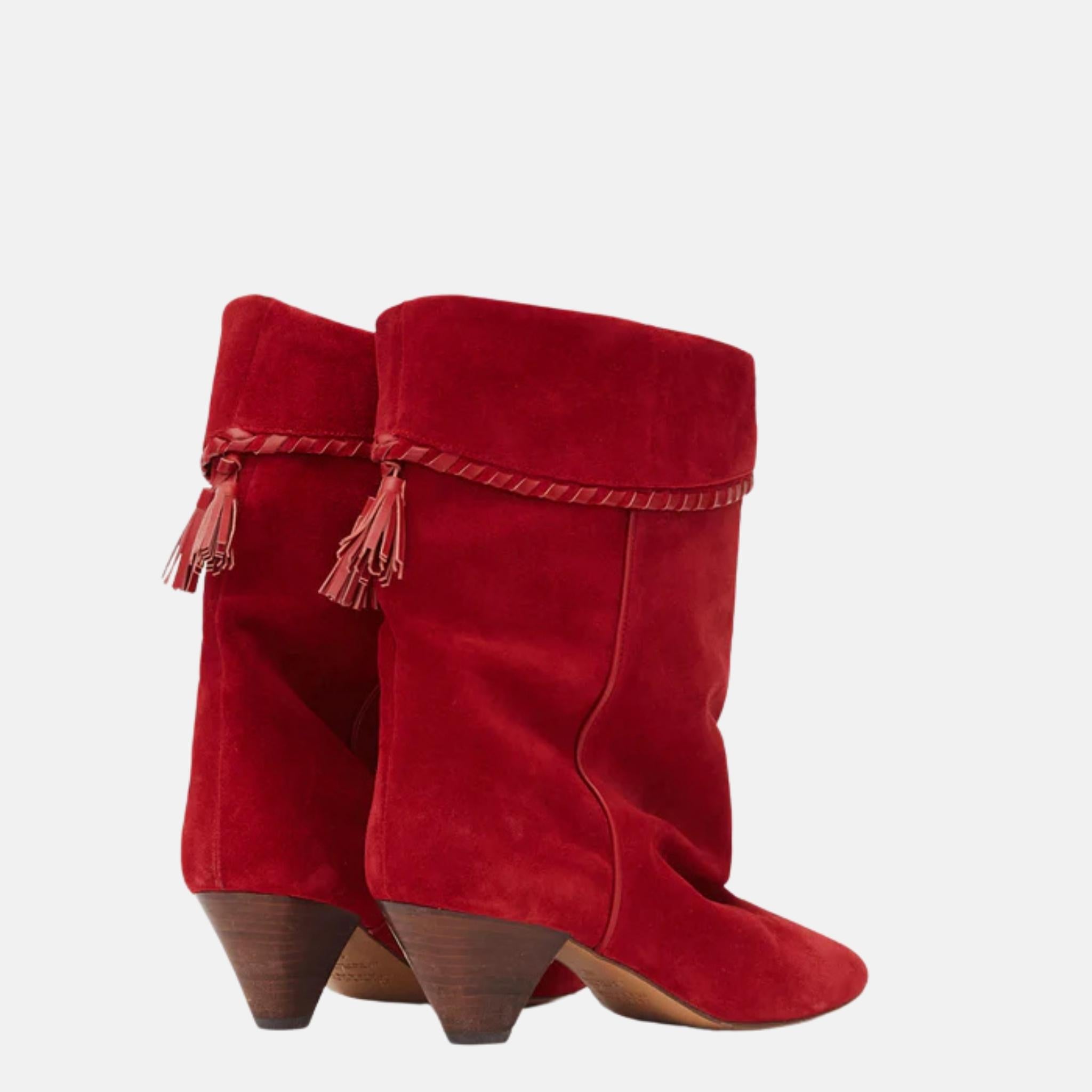 Isabel Marant Dalby Draped Boots In Suede Calfskin Leather, Red, Back