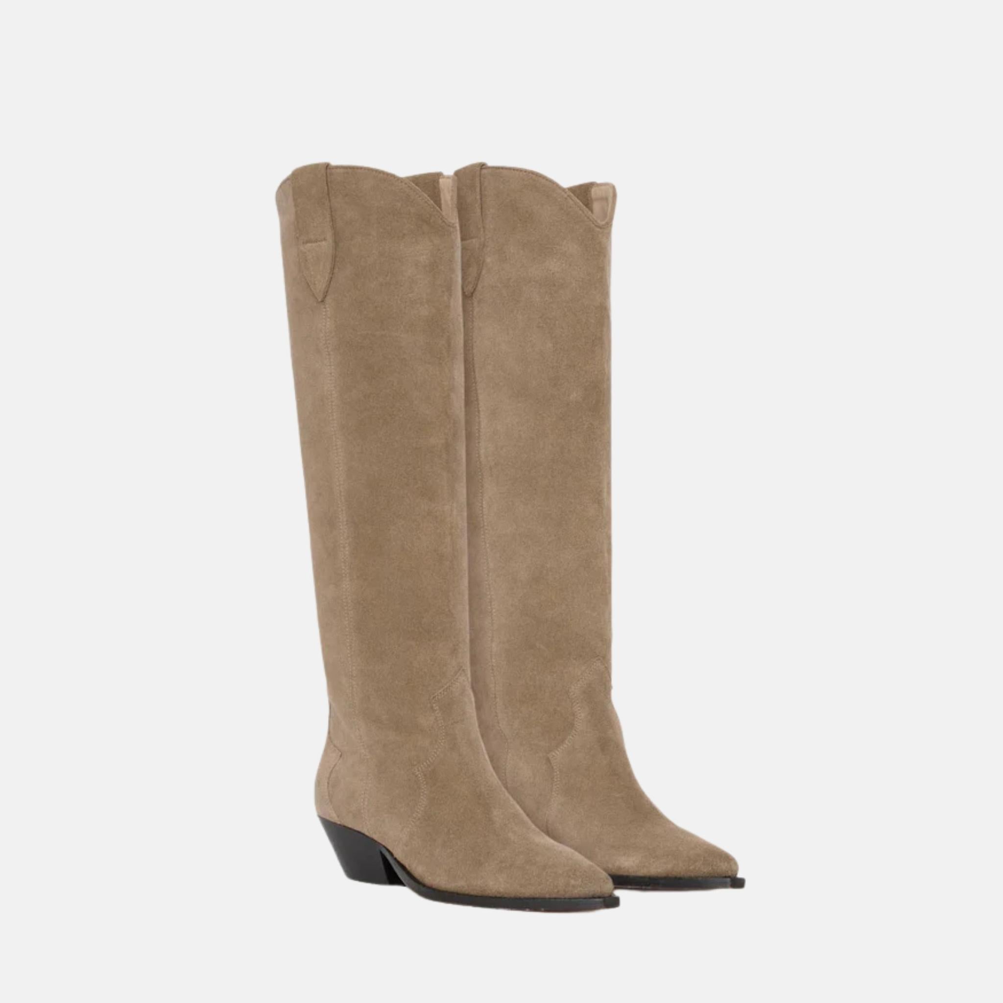 Isabel Marant Denvee Cowboy Boots In Suede Calfskin With Yokes, Taupe, Front