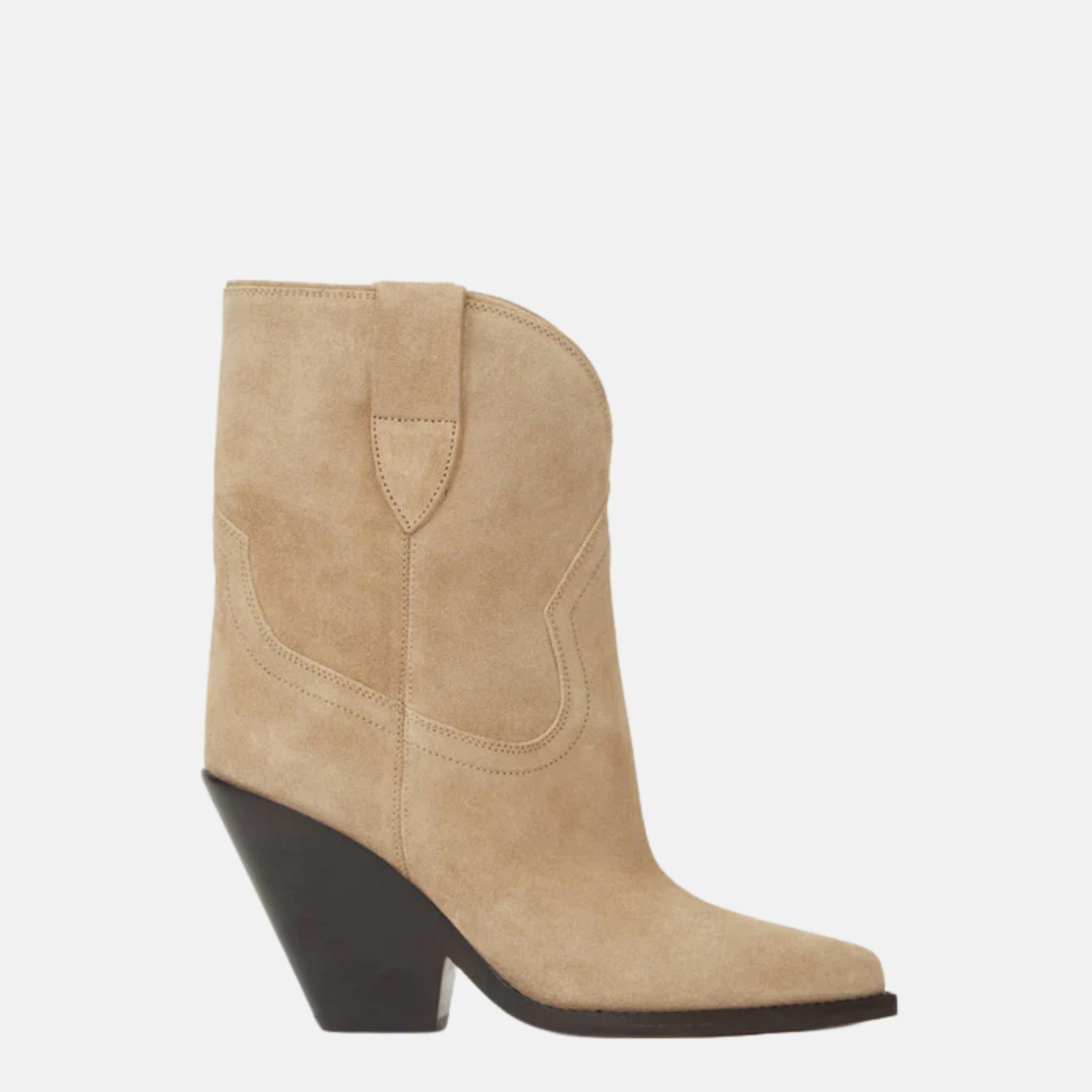 Isabel Marant Leyane Cowboy Boots In Suede Calfskin Leather, Beige, Side