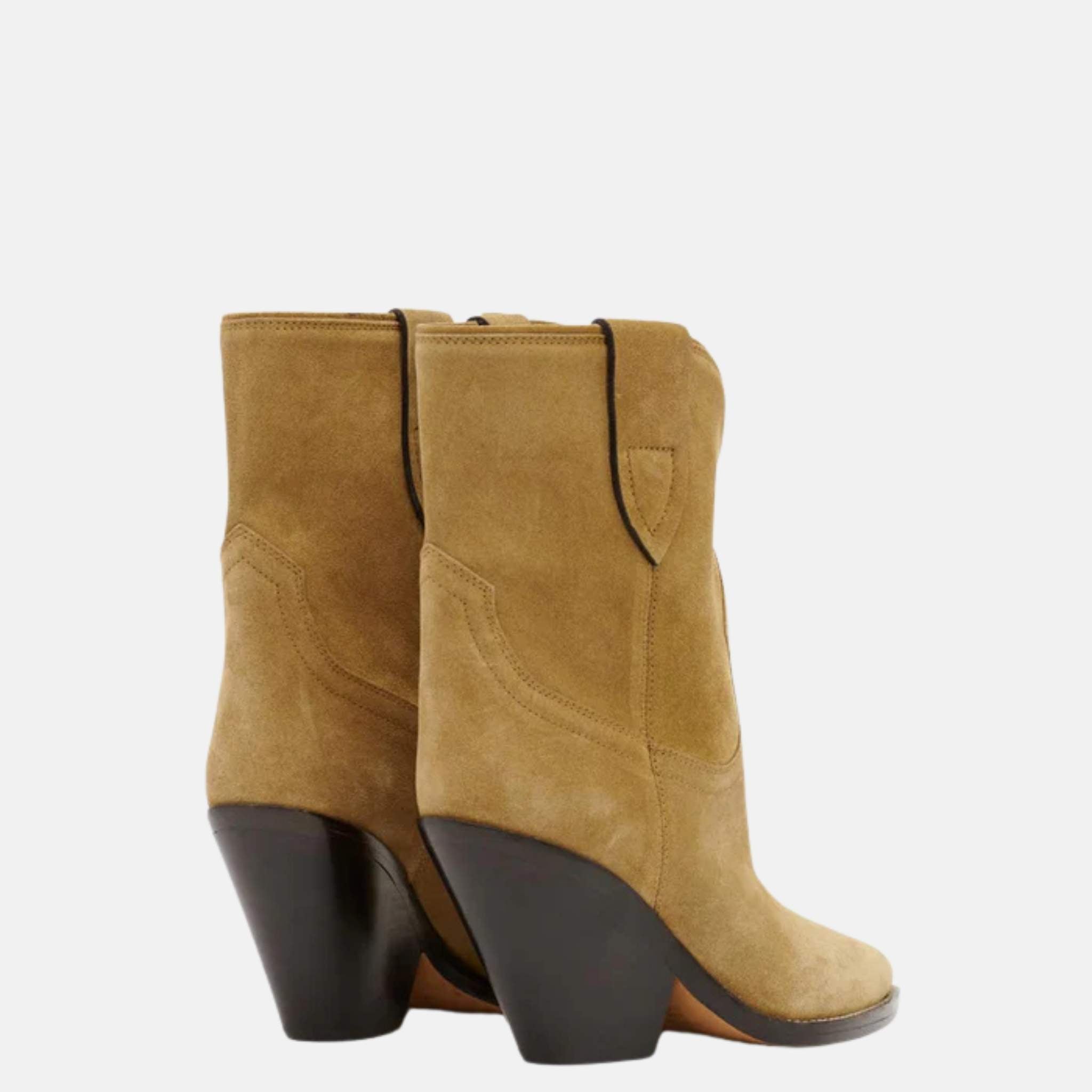 Isabel Marant Leyane Cowboy Boots In Suede Calfskin Leather, Taupe, Back