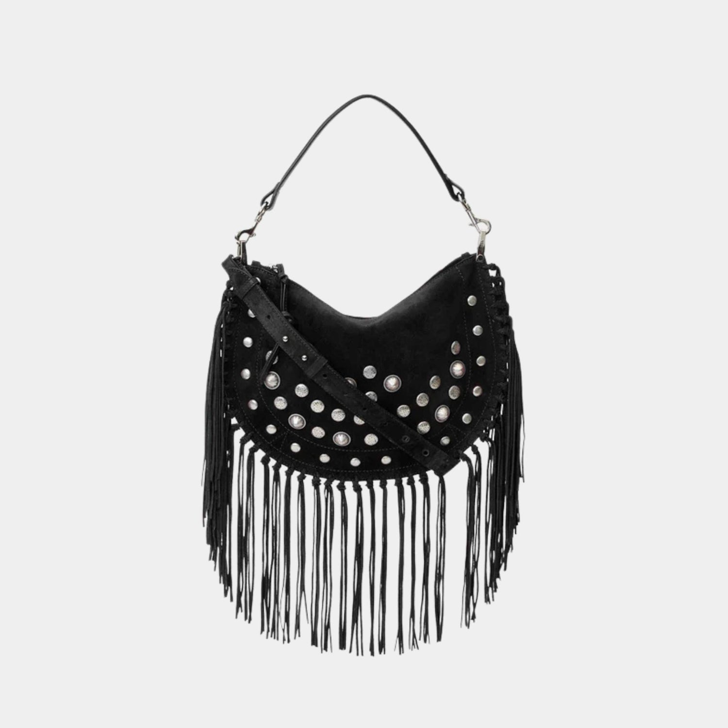 Isabel Marant Oskan Soft Zipped Studded and Fringed Leather Bag, Black, Front
