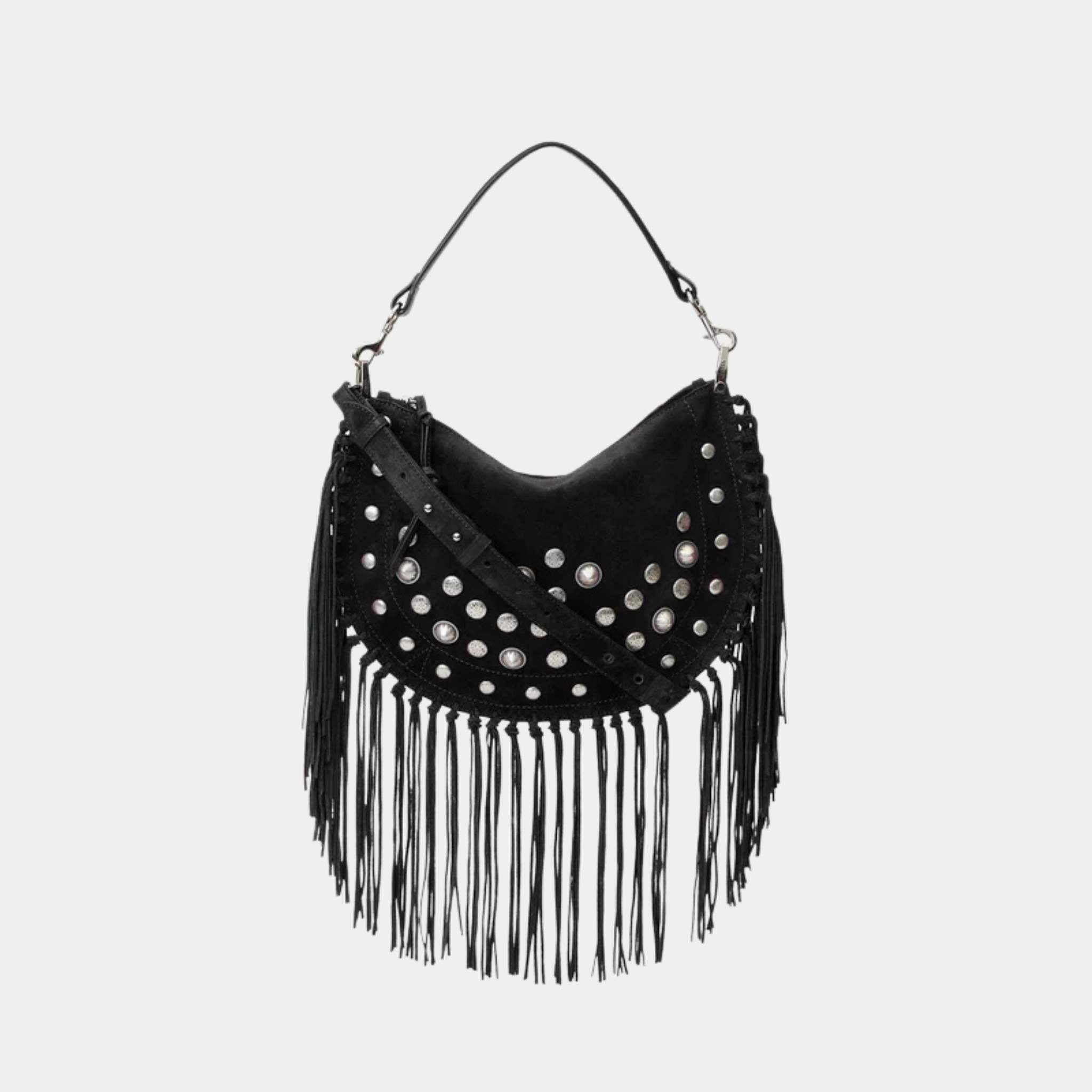 Isabel Marant Oskan Soft Zipped Studded and Fringed Leather Bag, Black, Front