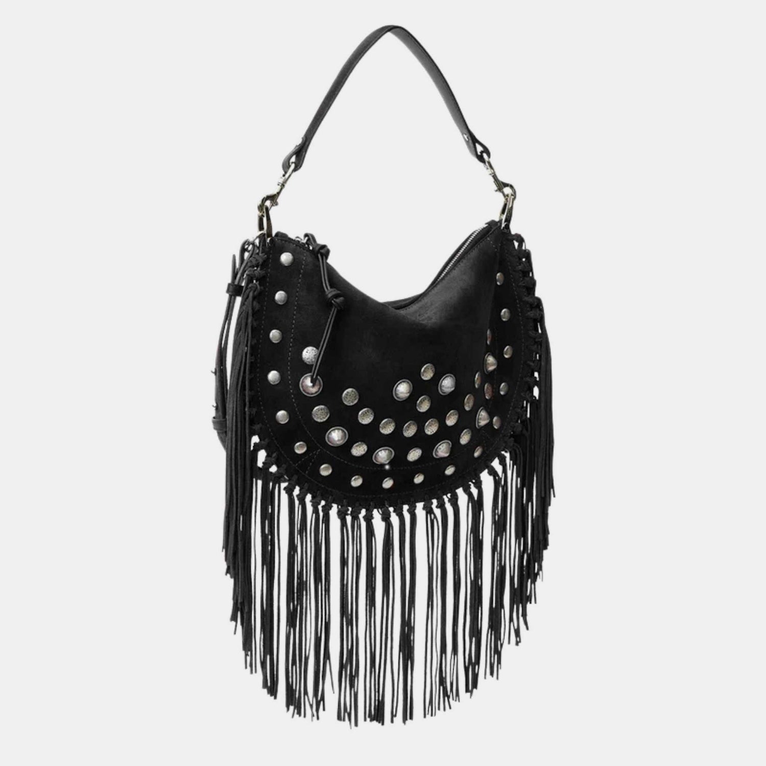 Isabel Marant Oskan Soft Zipped Studded and Fringed Leather Bag, Black, Side