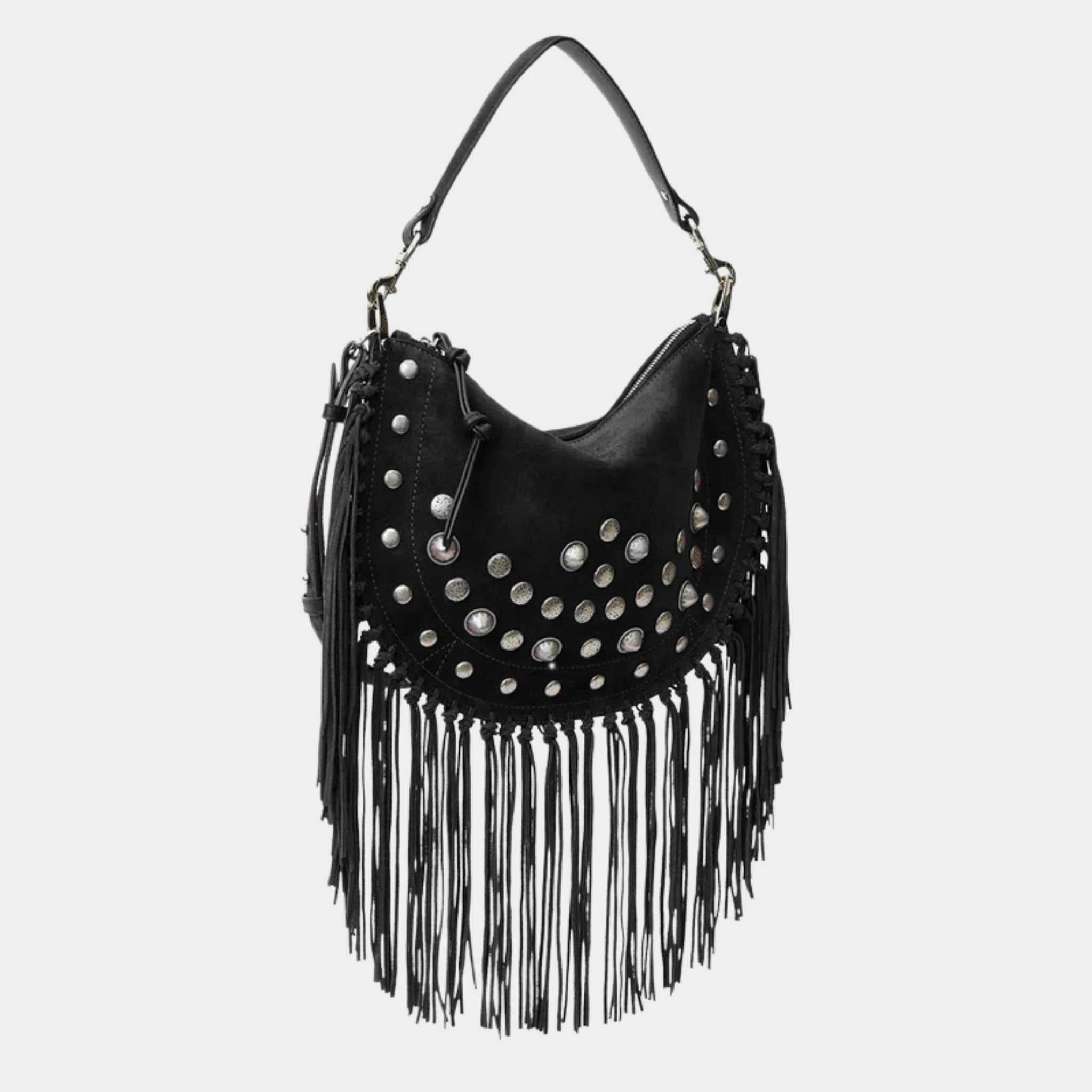 Isabel Marant Oskan Soft Zipped Studded and Fringed Leather Bag, Black, Side