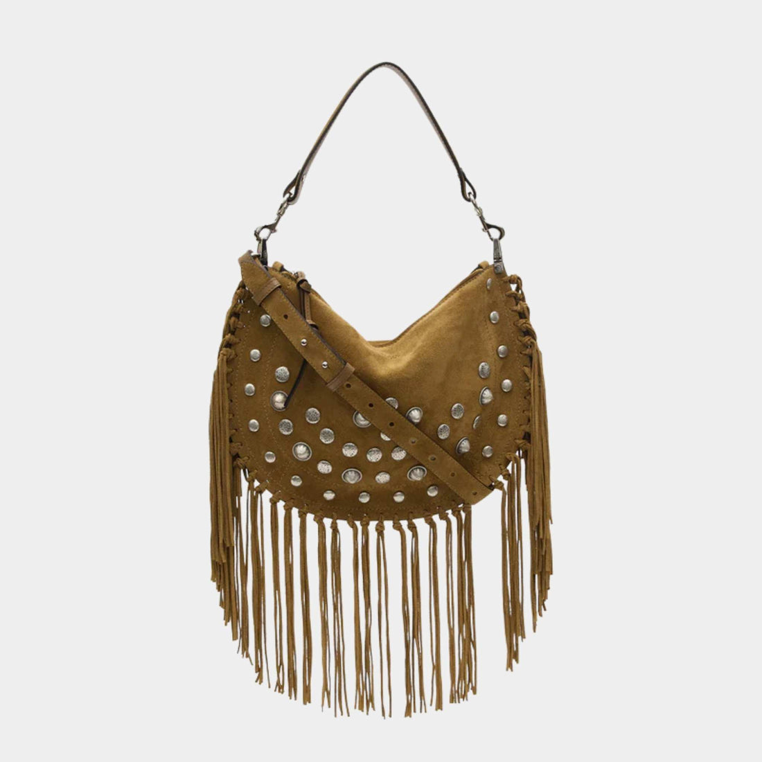 Isabel Marant Oskan Soft Zipped Studded and Fringed Leather Bag, Taupe, Front