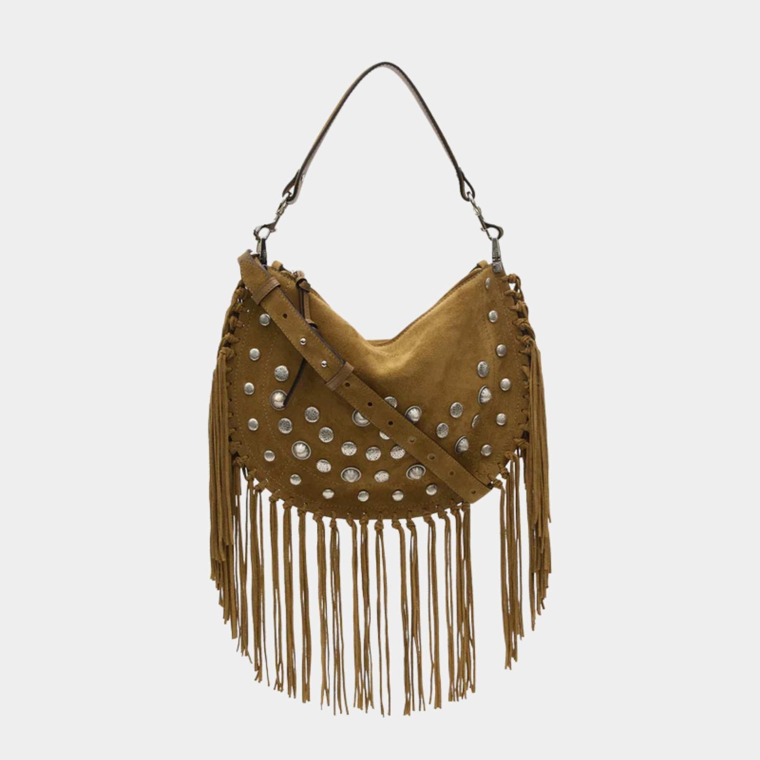 Isabel Marant Oskan Soft Zipped Studded and Fringed Leather Bag, Taupe, Front