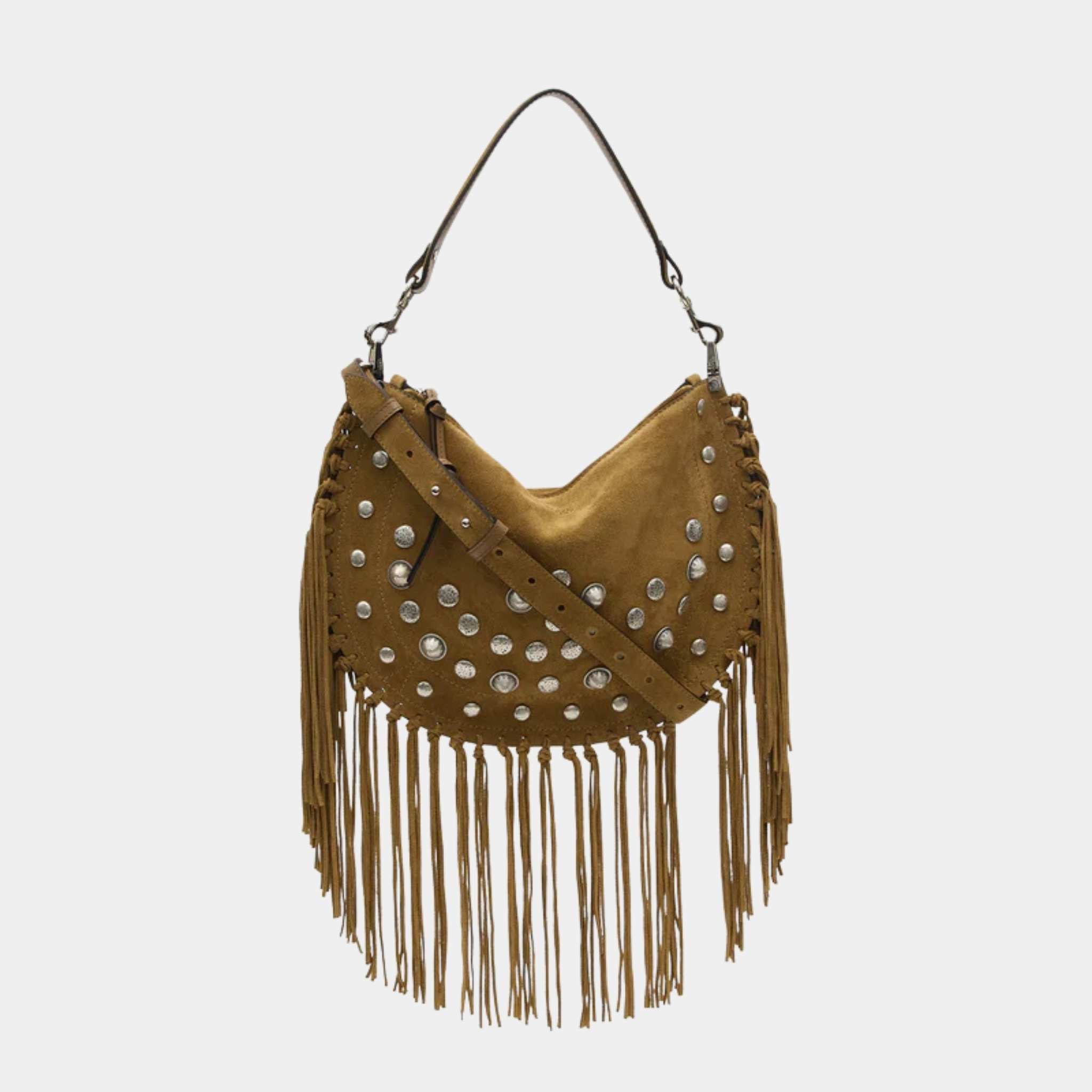 Isabel Marant Oskan Soft Zipped Studded and Fringed Leather Bag, Taupe, Front
