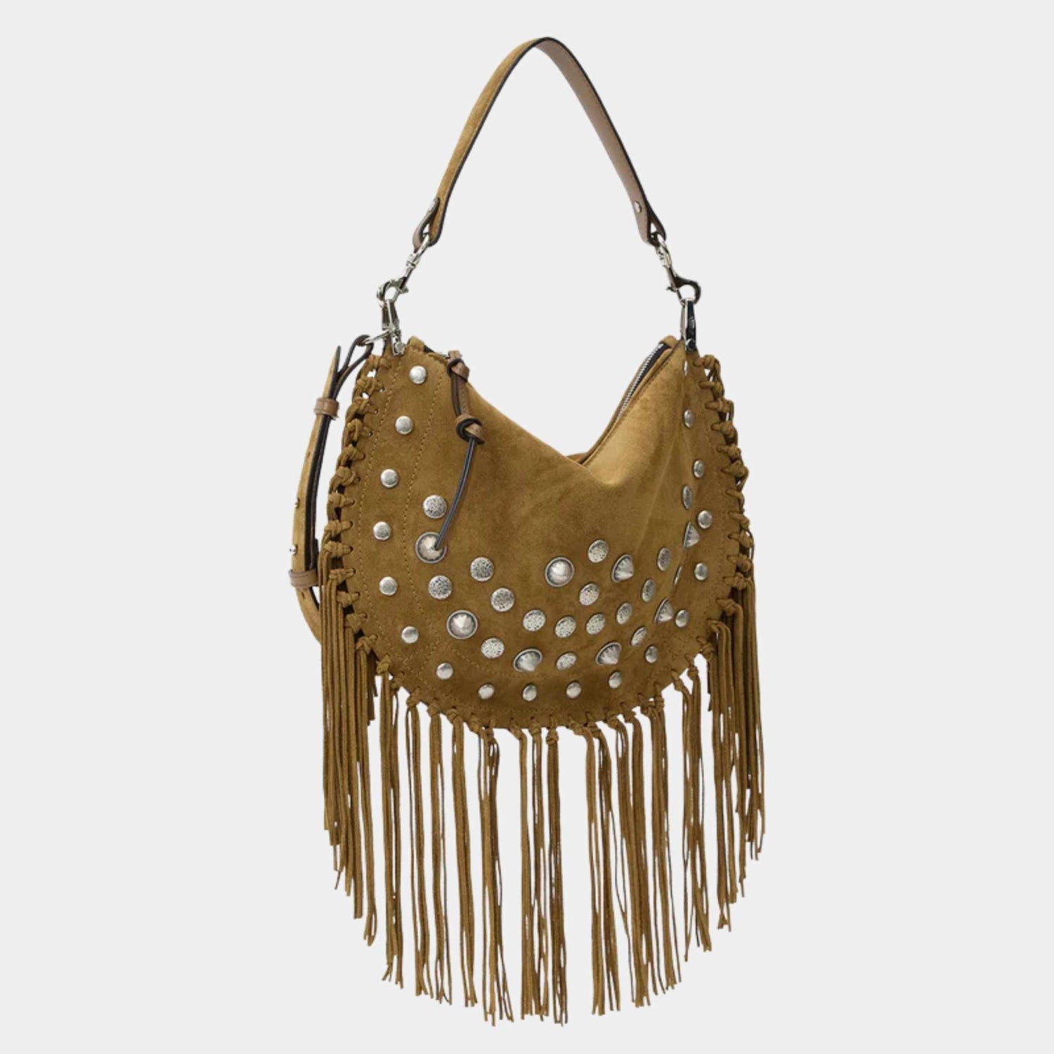 Isabel Marant Oskan Soft Zipped Studded and Fringed Leather Bag, Taupe, Side
