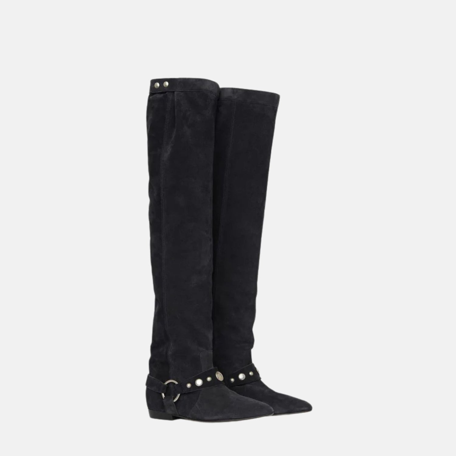 Isabel Marant Selize Flat Heeled Thigh Boots In Suede Calfskin Leather, Black, Front