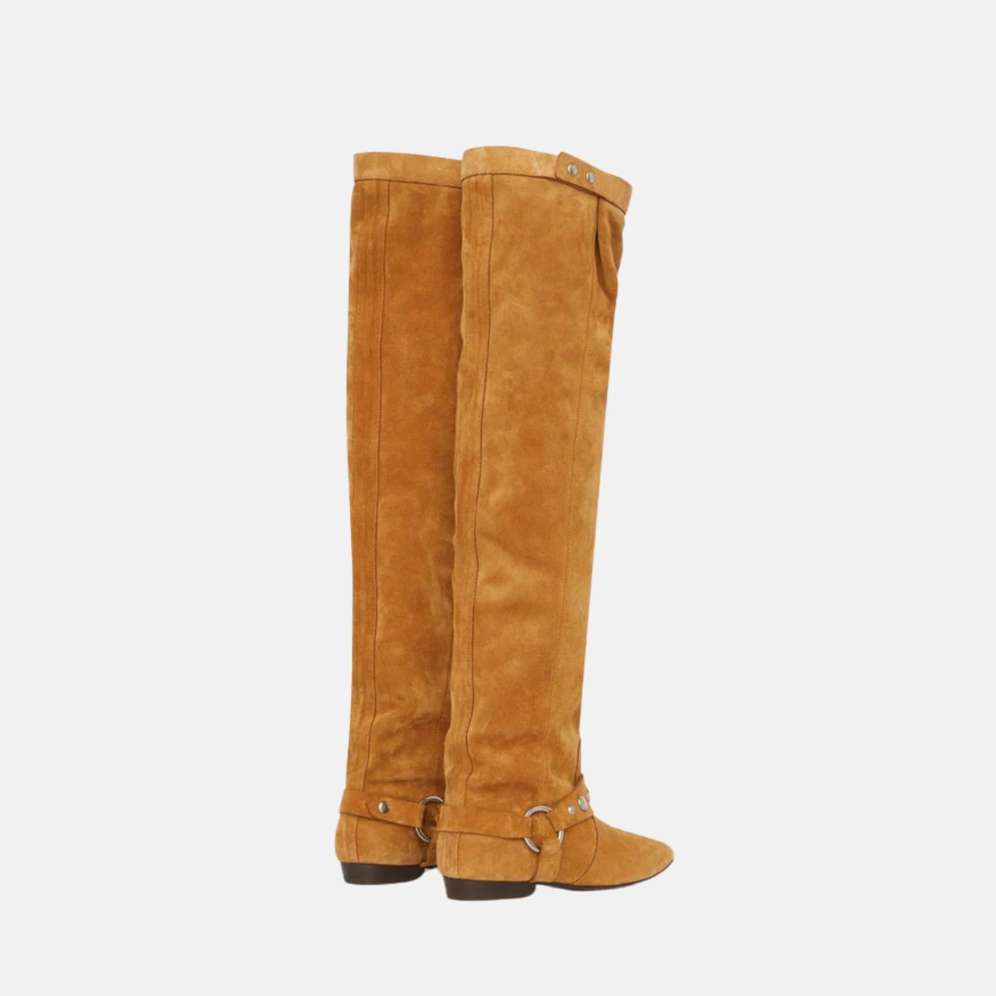 Isabel Marant Selize Flat Heeled Thigh Boots In Suede Calfskin Leather, Cognac, Back