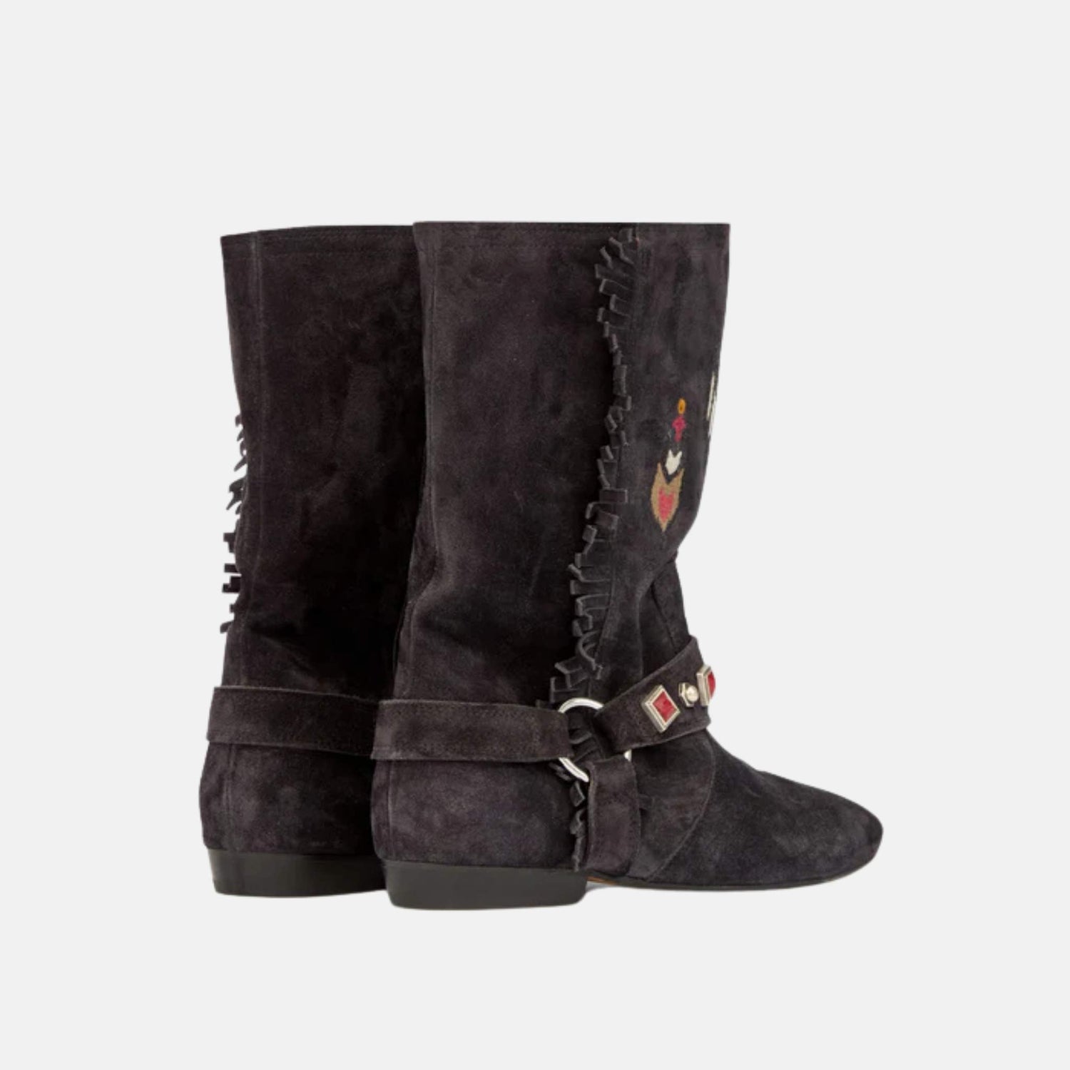 Isabel Marant Siani Flat Boots In Embroidered Suede Calfskin, Black, Back