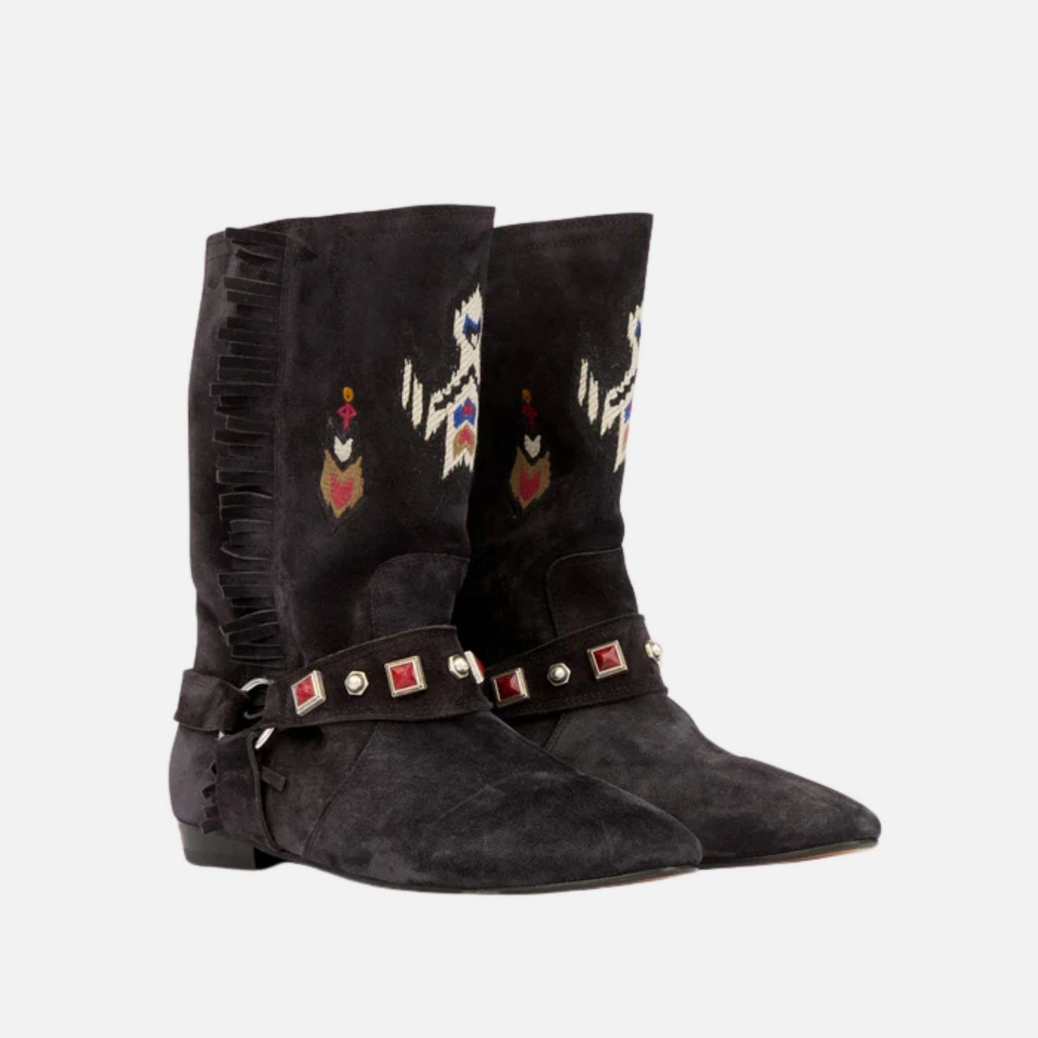 Isabel Marant Siani Flat Boots In Embroidered Suede Calfskin, Black, Front