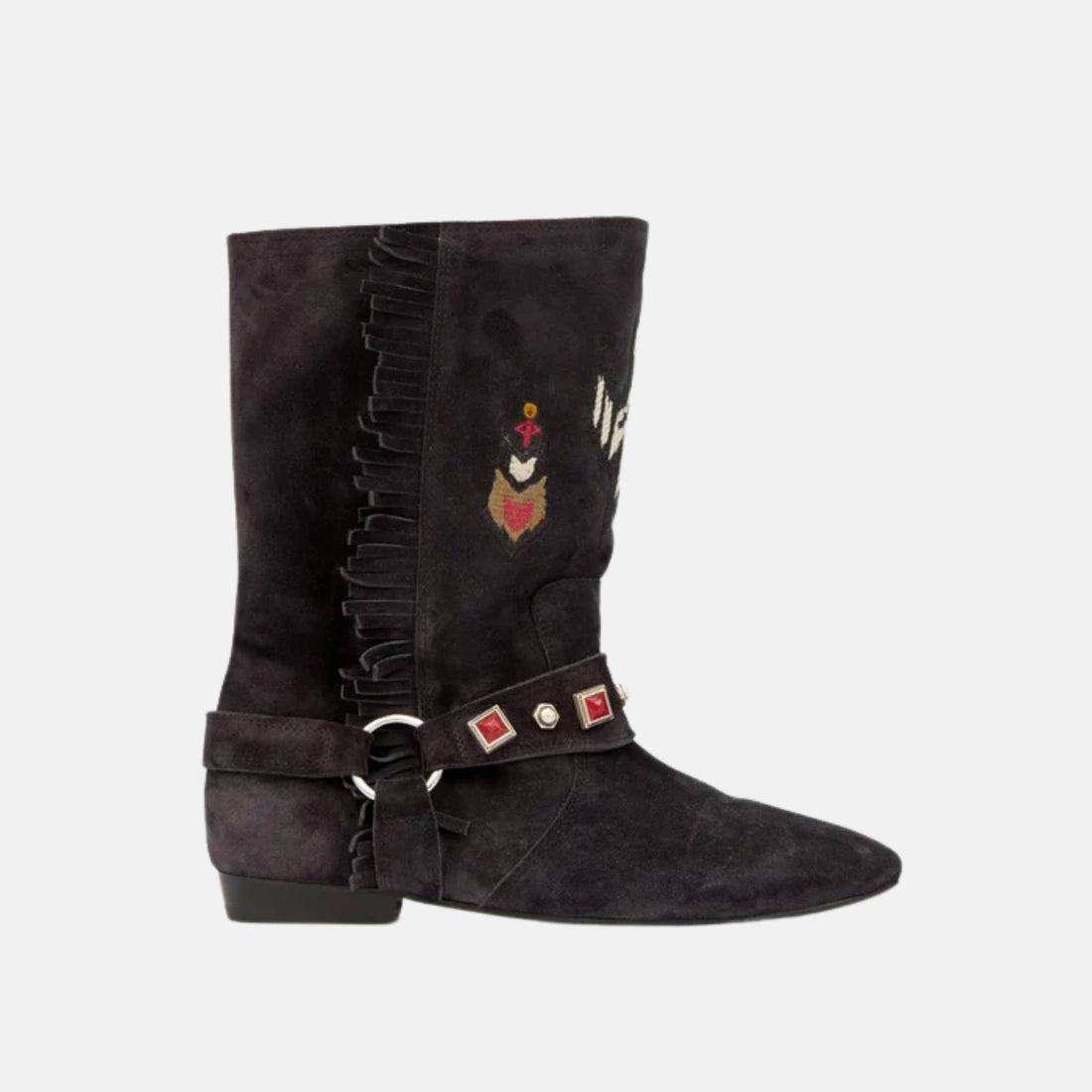 Isabel Marant Siani Flat Boots In Embroidered Suede Calfskin, Black, Side