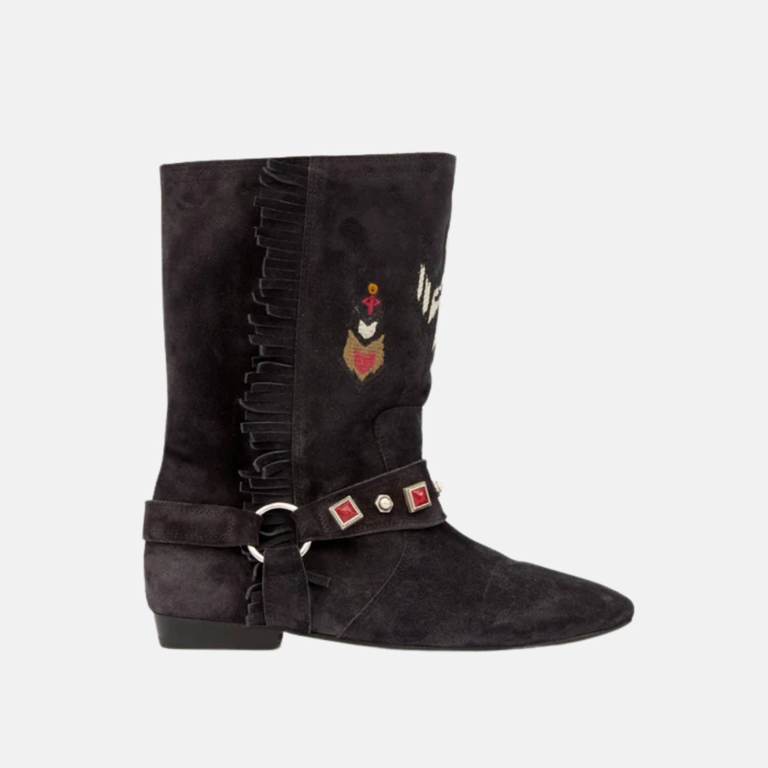 Isabel Marant Siani Flat Boots In Embroidered Suede Calfskin, Black, Side