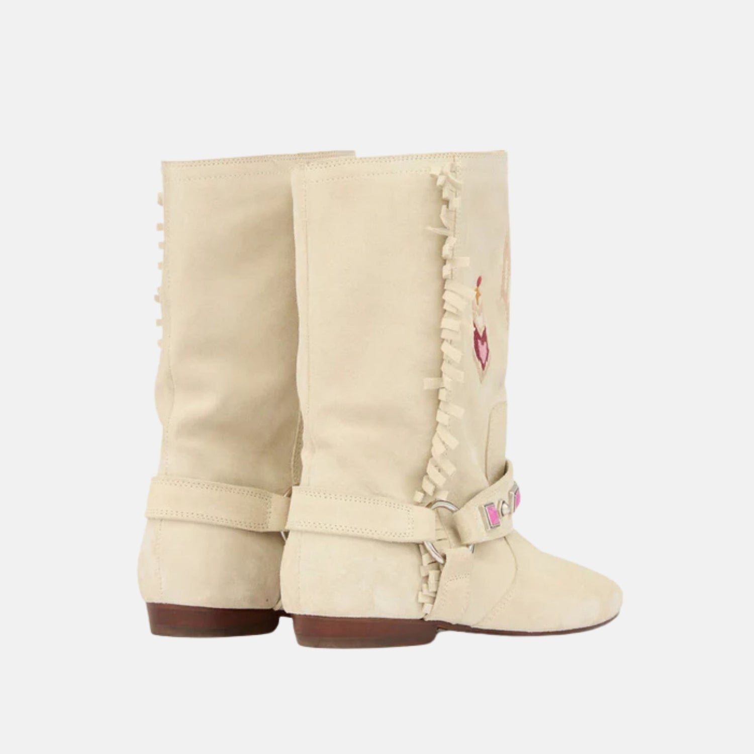 Isabel Marant Siani Flat Boots In Embroidered Suede Calfskin, Chalk, Back