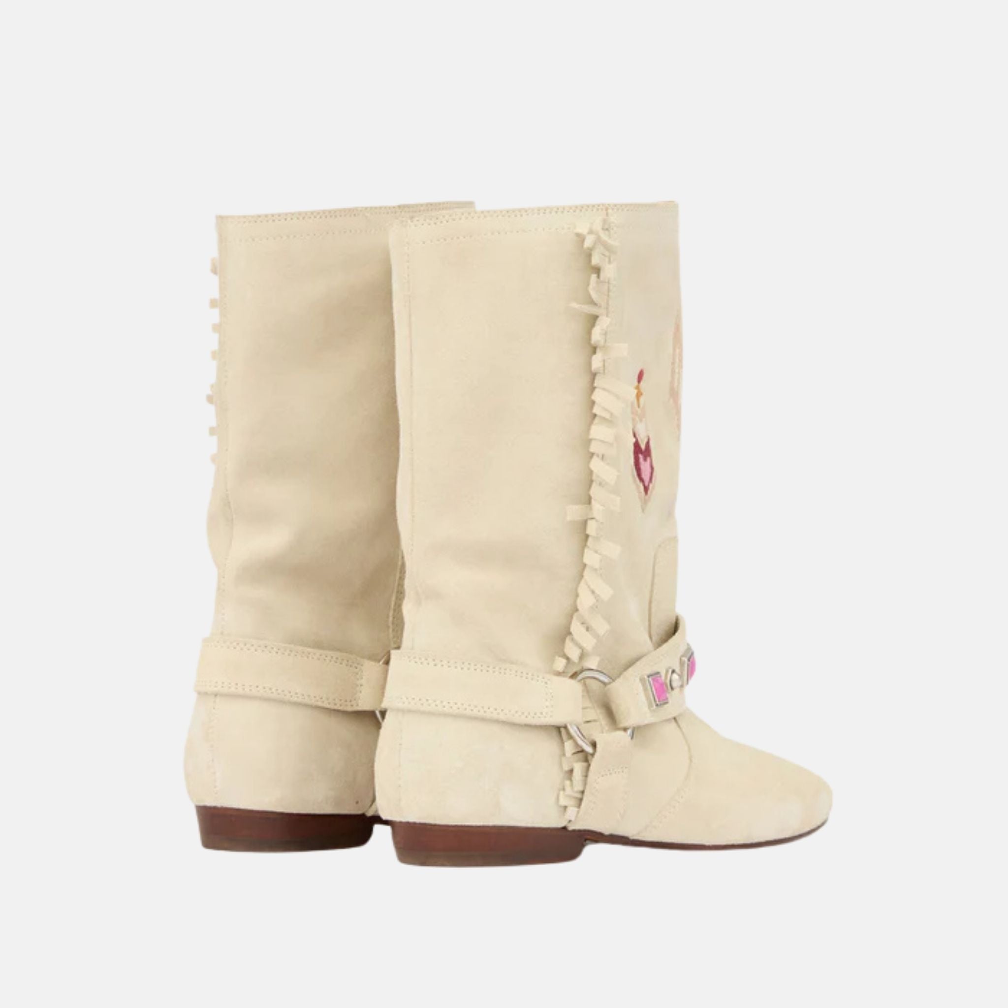 Isabel Marant Siani Flat Boots In Embroidered Suede Calfskin, Chalk, Back