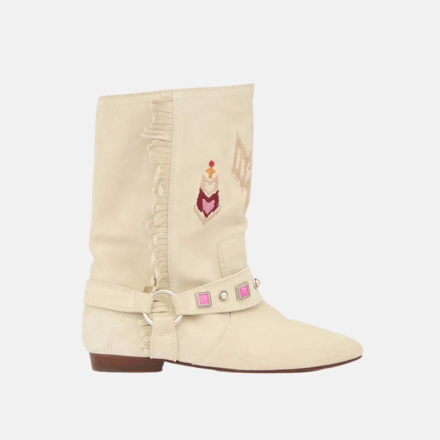 Isabel Marant Siani Flat Boots In Embroidered Suede Calfskin, Chalk, Side