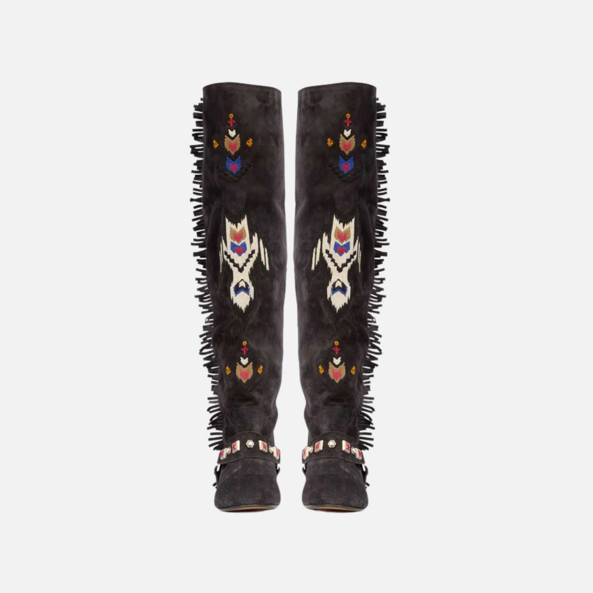 Isabel Marant Slava Thigh Boots In Embroidered Suede Calfskin, Front
