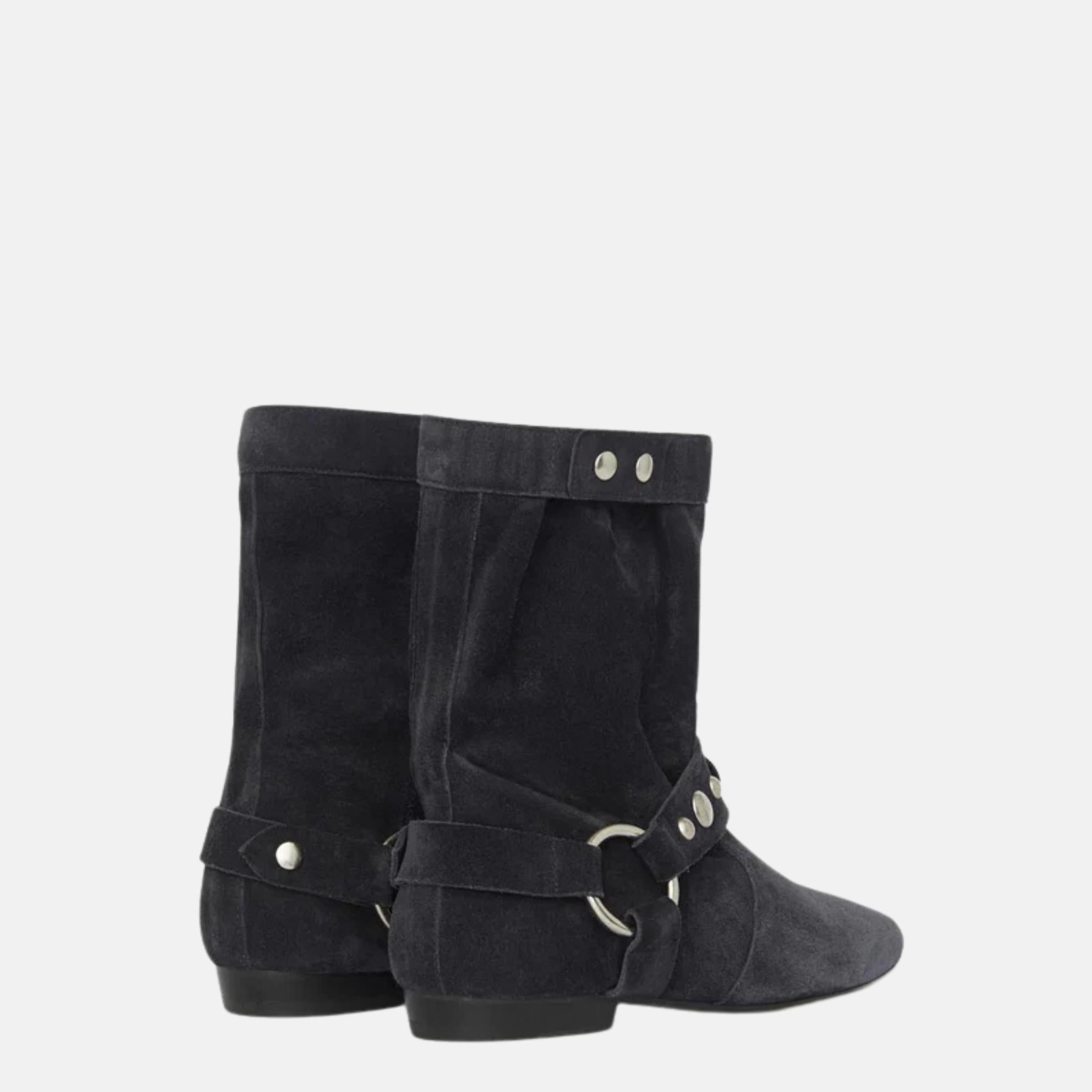Isabel Marant Stania Flat Boots In Suede Calfskin Leather, Black, Back